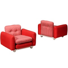 Postmodern Pair of Lounge Chairs in Red Striped and Red Fabric