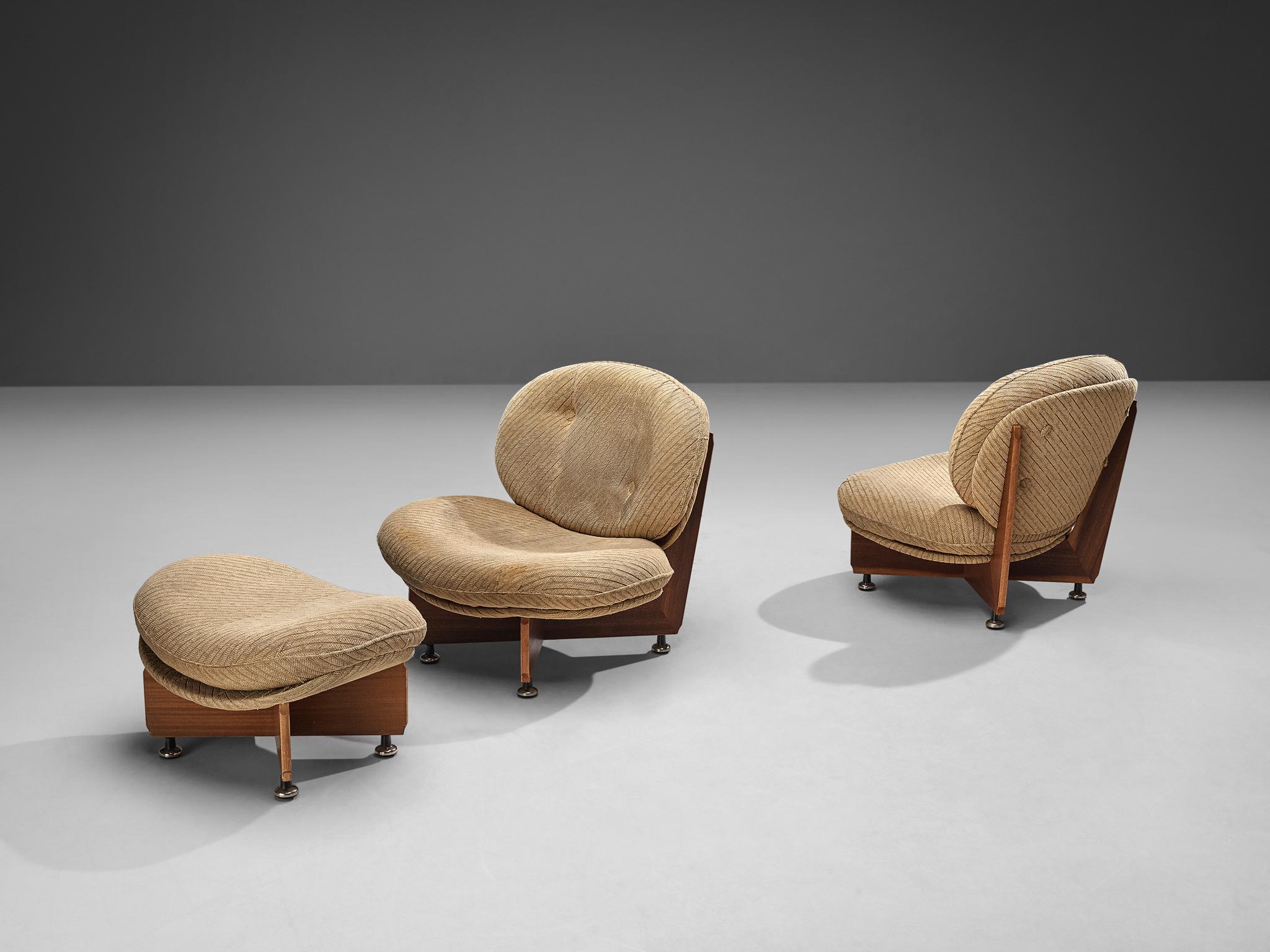 European Postmodern Pair of Lounge Chairs with Ottoman in Mahogany 