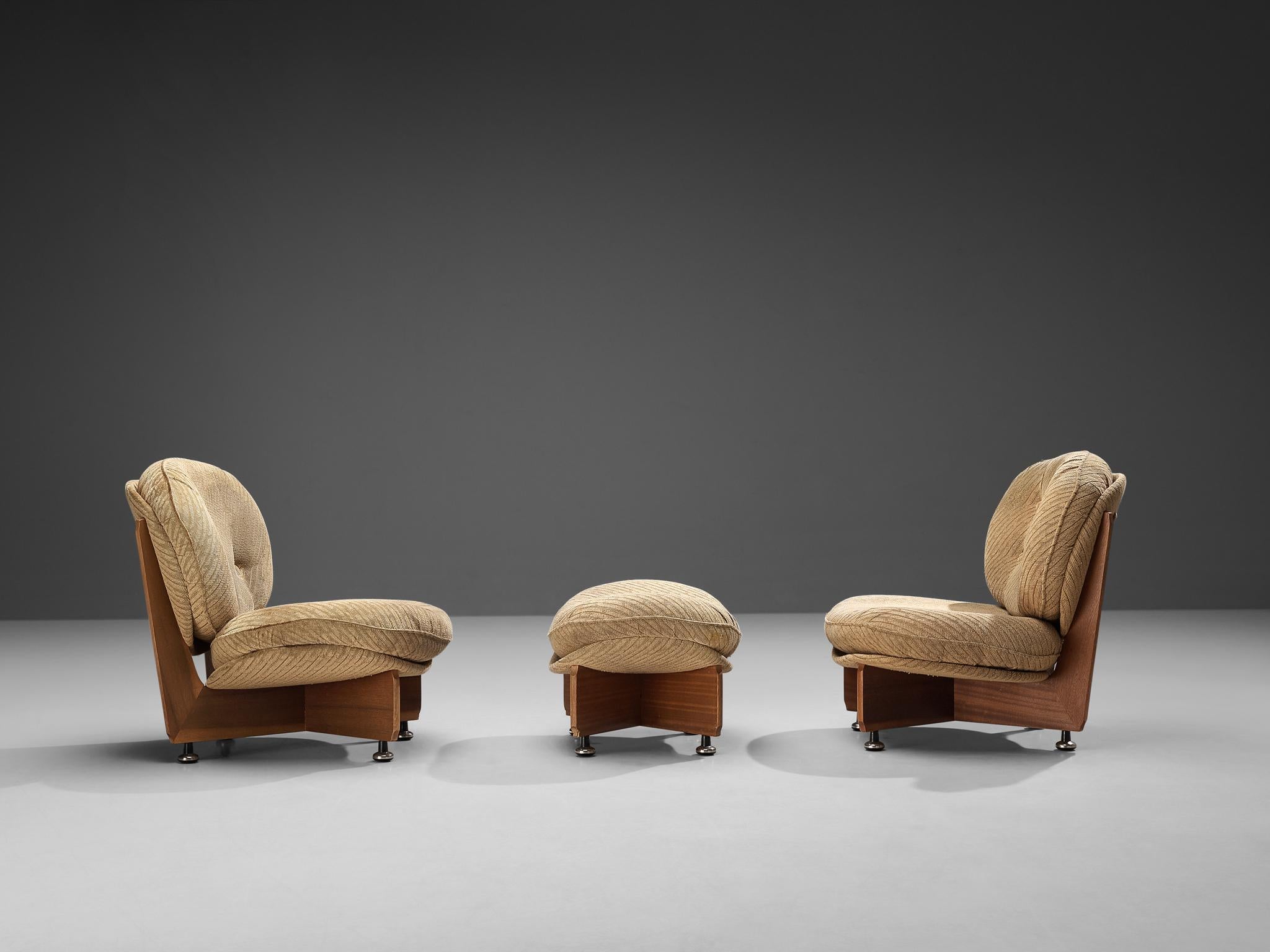 European Postmodern Pair of Lounge Chairs with Ottoman in Mahogany 