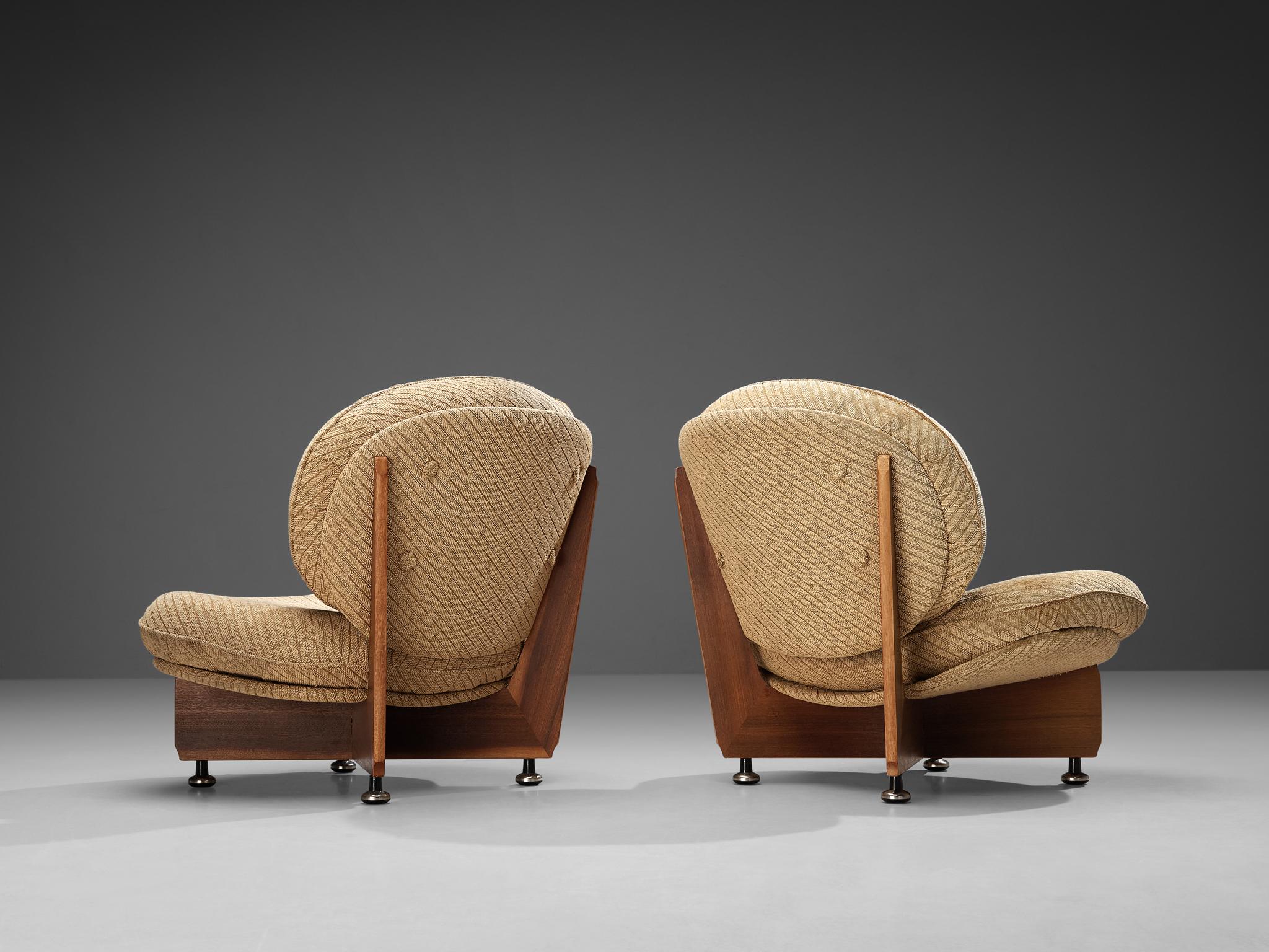 Steel Postmodern Pair of Lounge Chairs with Ottoman in Mahogany 