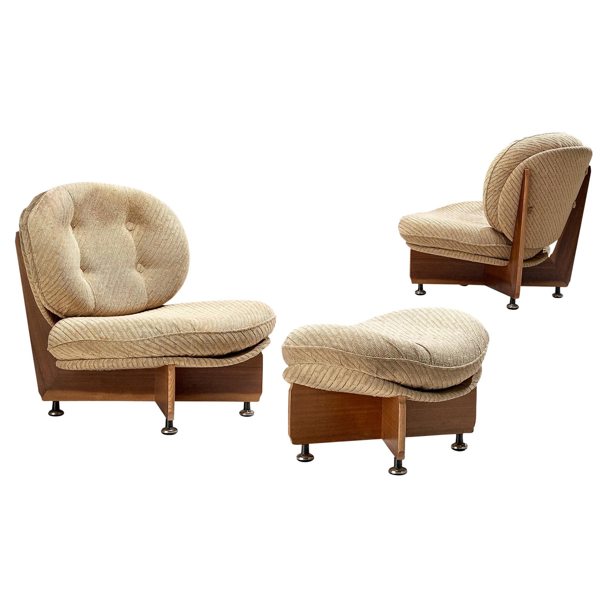 Postmodern Pair of Lounge Chairs with Ottoman in Mahogany 