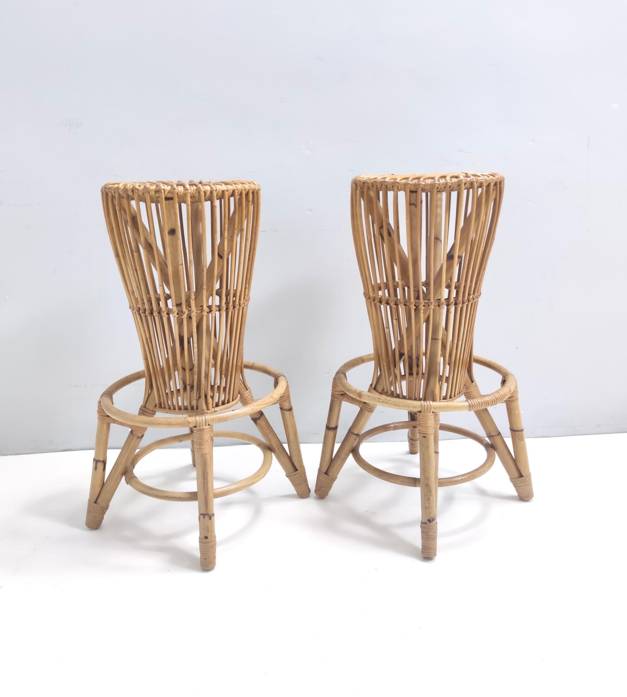 Post-Modern Postmodern Pair of Round Bamboo Stools attr. to Tito Agnoli for Bonacina, Italy For Sale