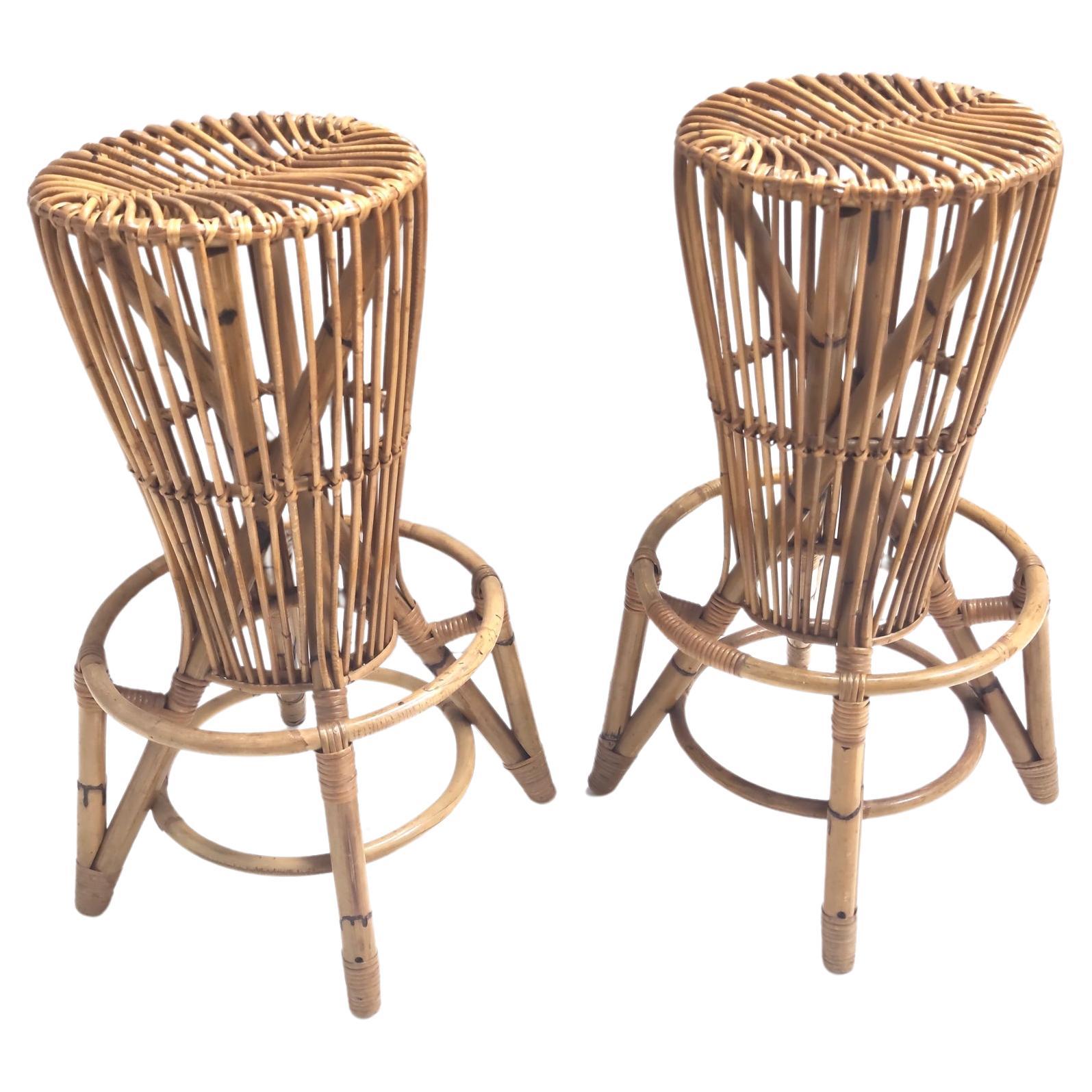 Postmodern Pair of Round Bamboo Stools attr. to Tito Agnoli for Bonacina, Italy