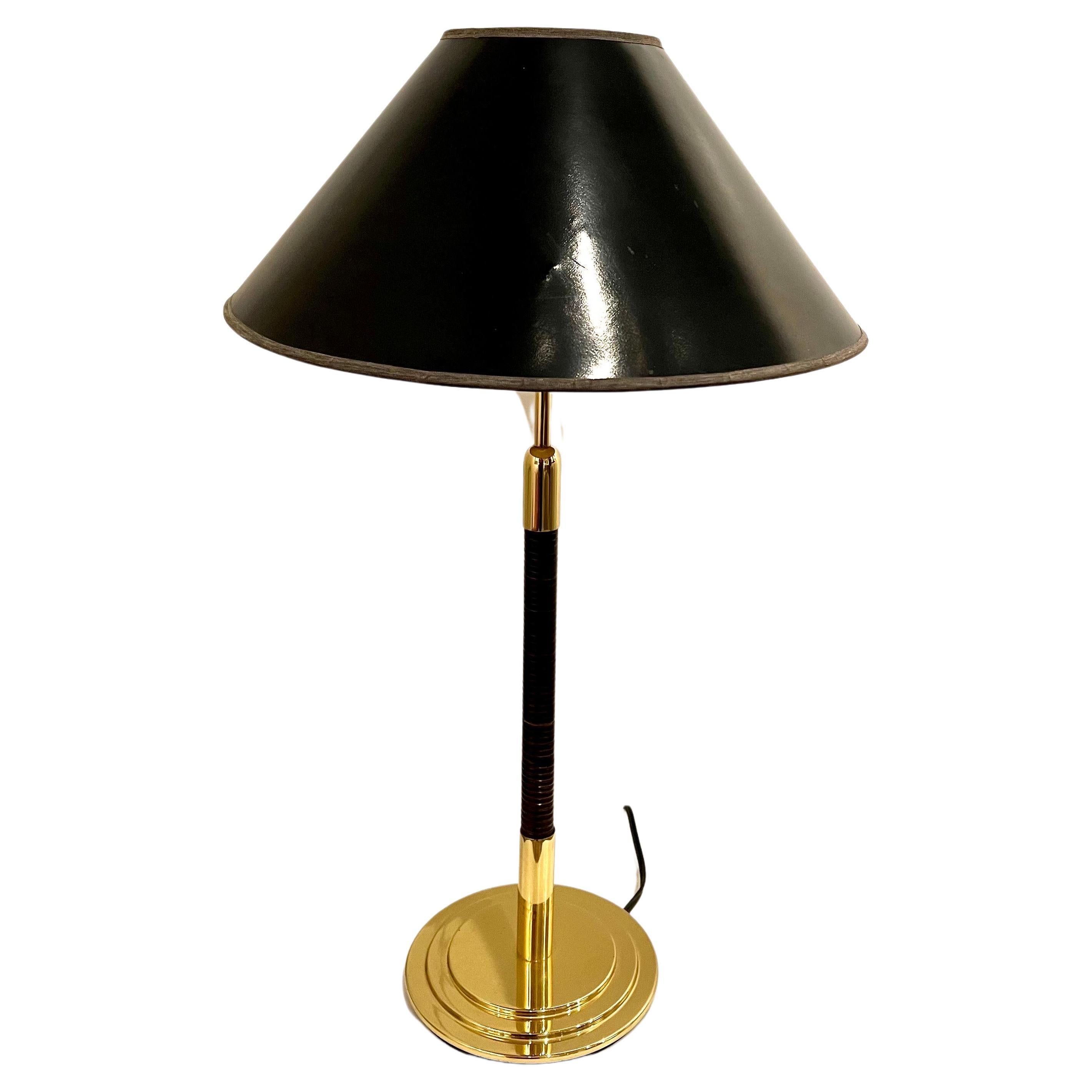 Spanish Postmodern Pair of Table/Desk & Floor Lamps in Brass & Cane by Metalarte