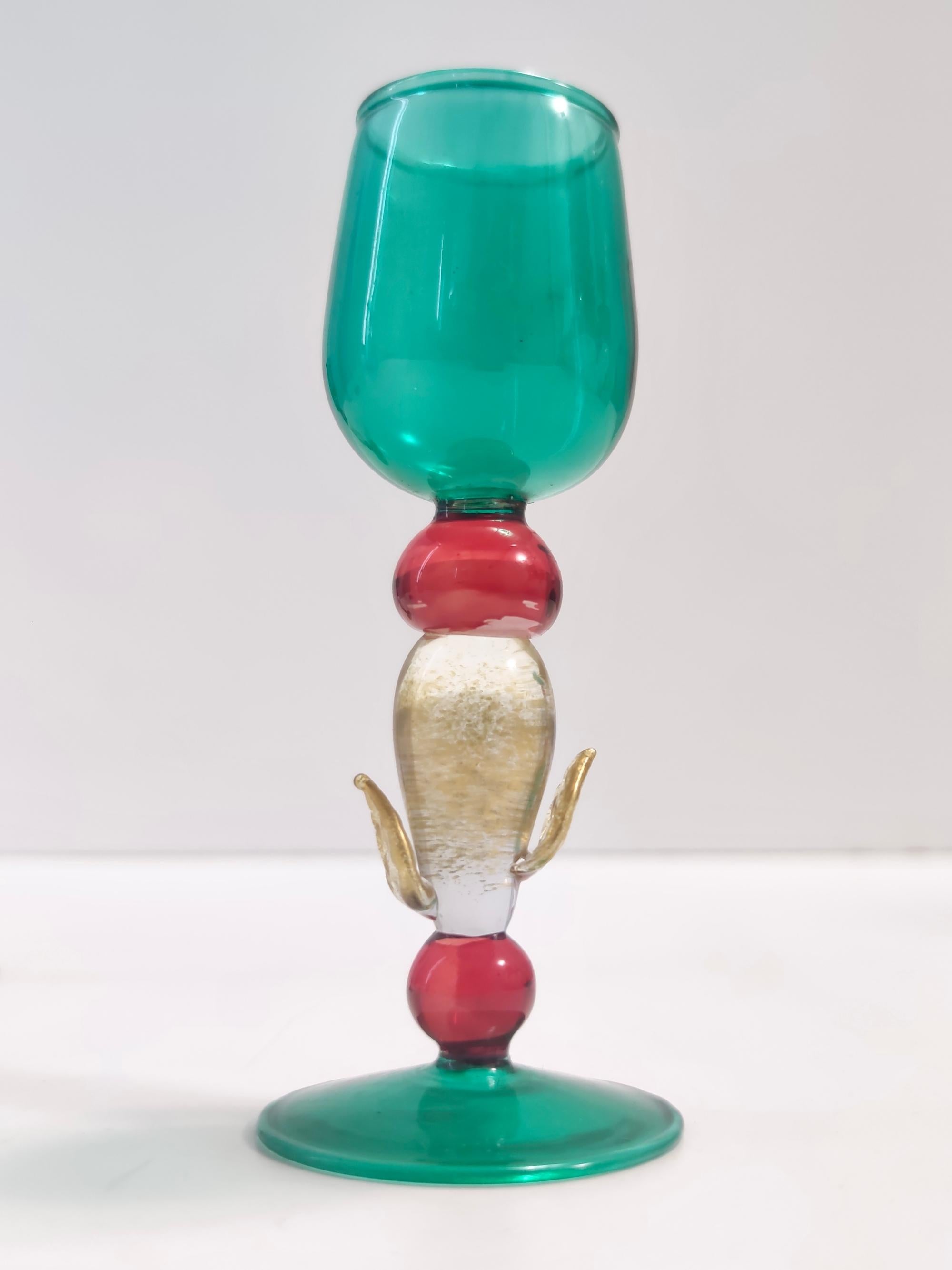 Italian Postmodern Pair of Teal, Red and Gold Liqueur Glasses by Salviati, Murano, Italy For Sale
