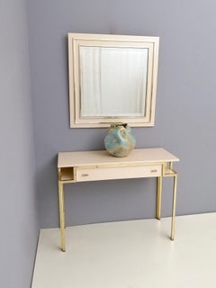 Postmodern Pale Pink Formica and Brass Console Table with Wall Mirror, Italy