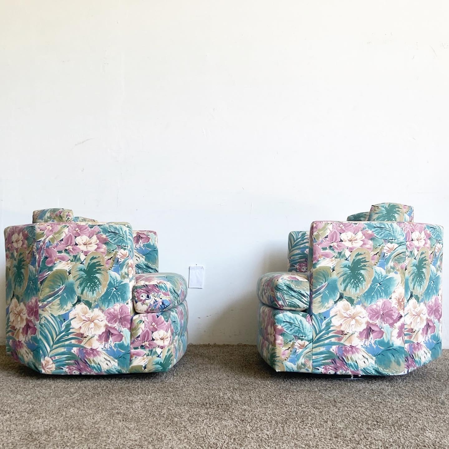 Fabric Postmodern Parrot and Foliage Swivel Chairs - a Pair For Sale