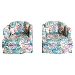 Vintage Postmodern Parrot and Foliage Swivel Chairs - a Pair