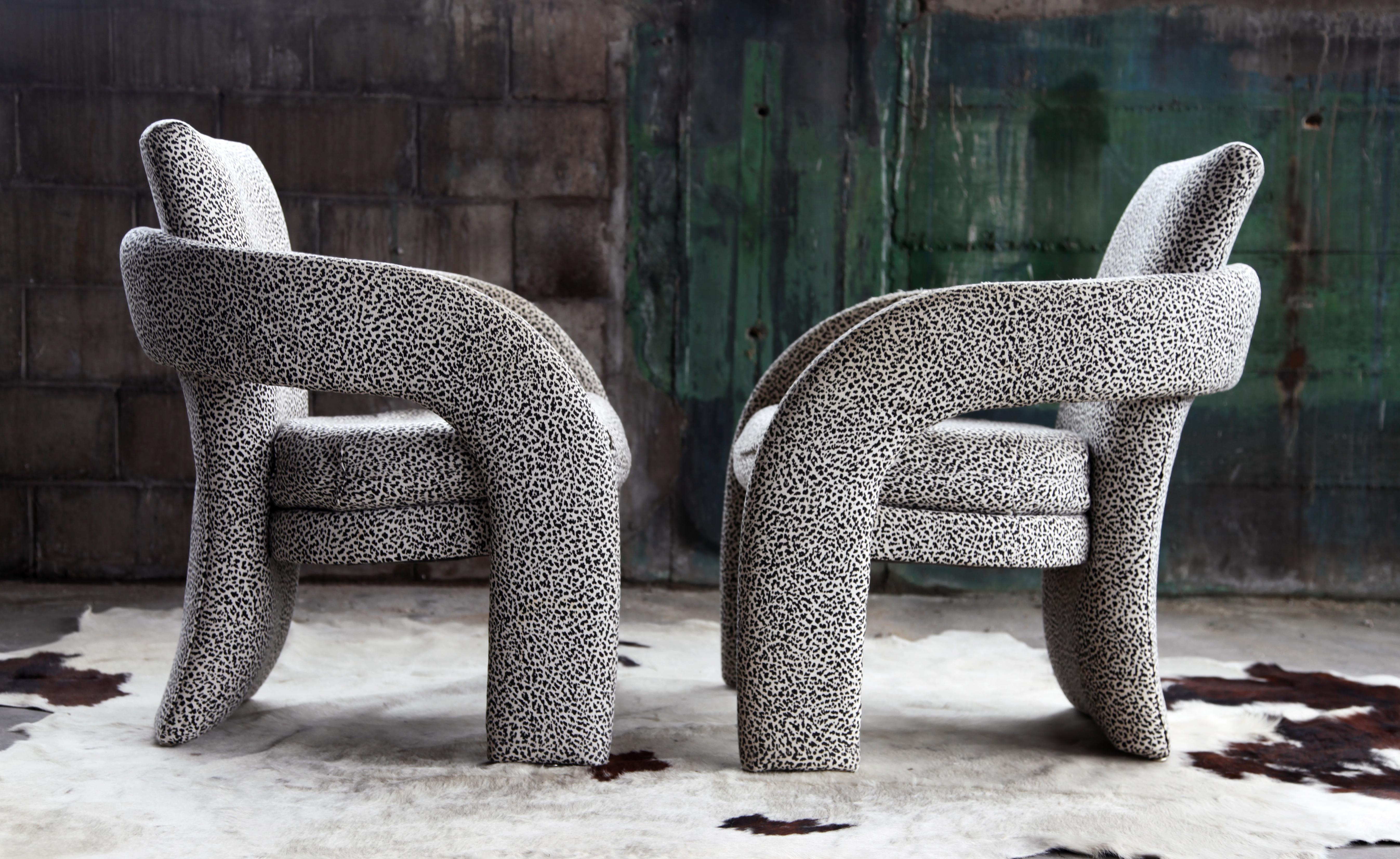 For sale here is a STUNNING unique designer Sculptural, vintage 80's / 90's Stylish pair of upholstered chairs.

This listing includes both chairs.

Acquired from one of the coolest, most eccentric collections we have come across ever. These chairs
