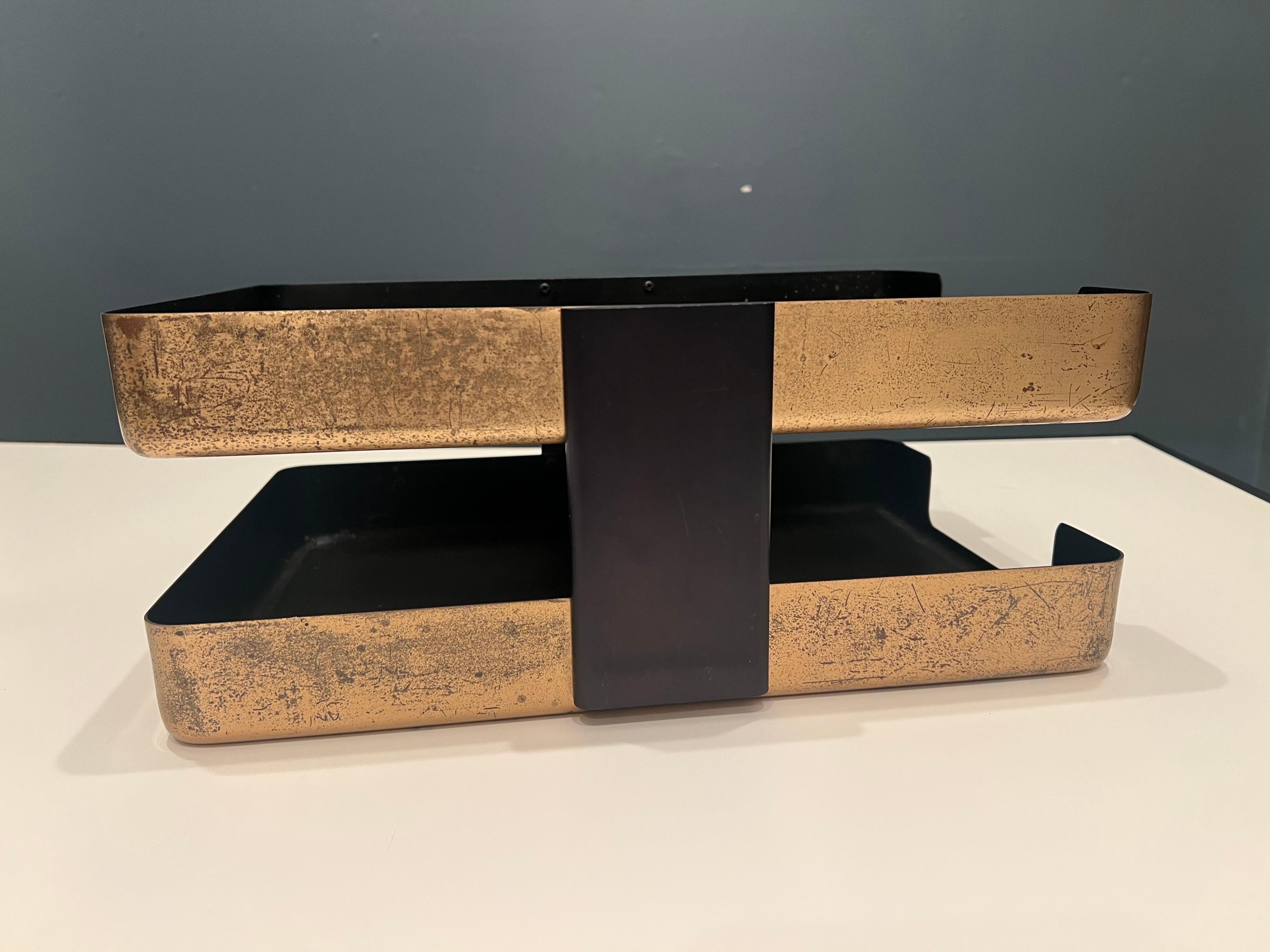 Double letter tray in patinated brass finish with black enamel lining by Mc Donald Products of Buffalo New York. Very nice accent to any executive desk