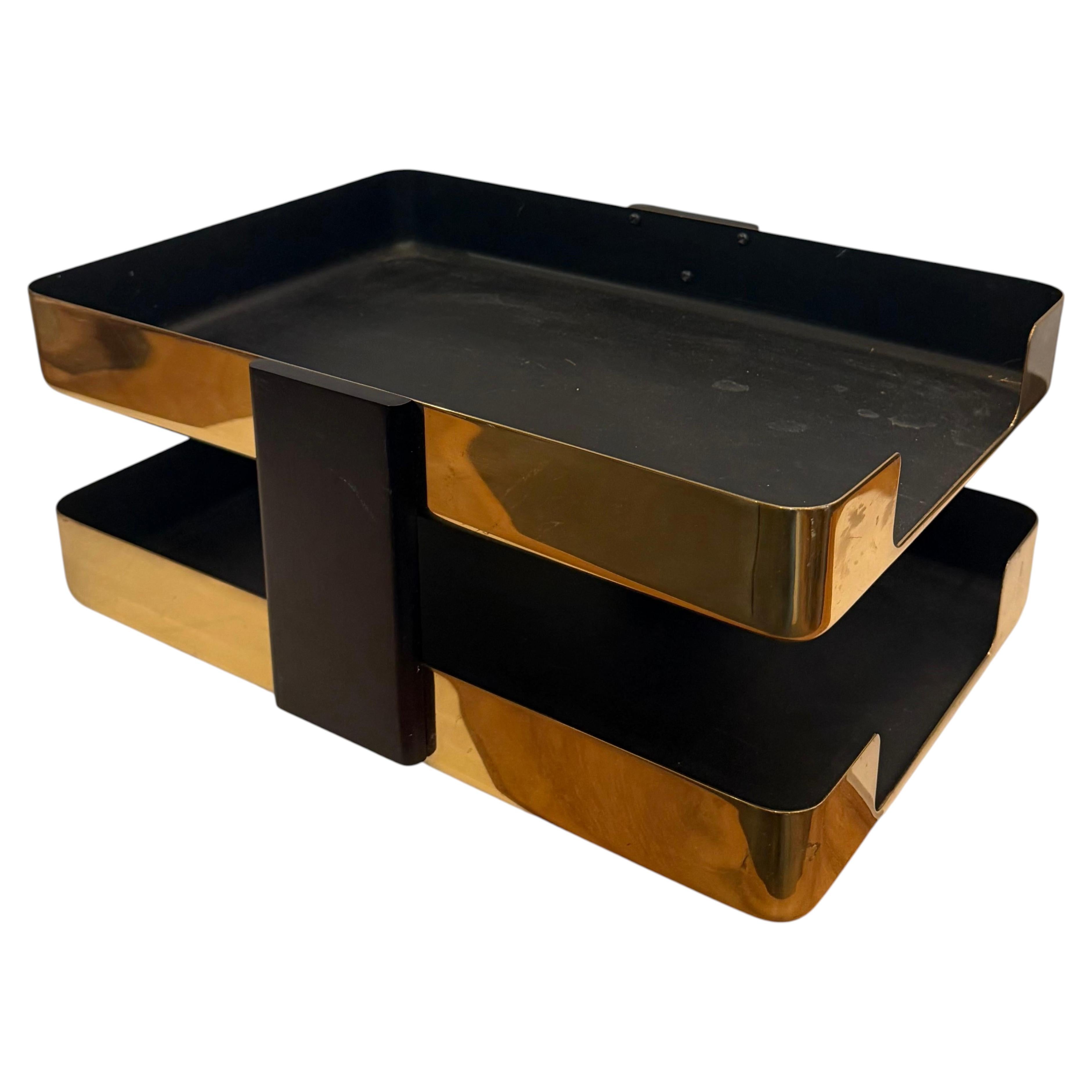 Postmodern Patinated Brass Double Desk Letter Tray Paper Holder For Sale
