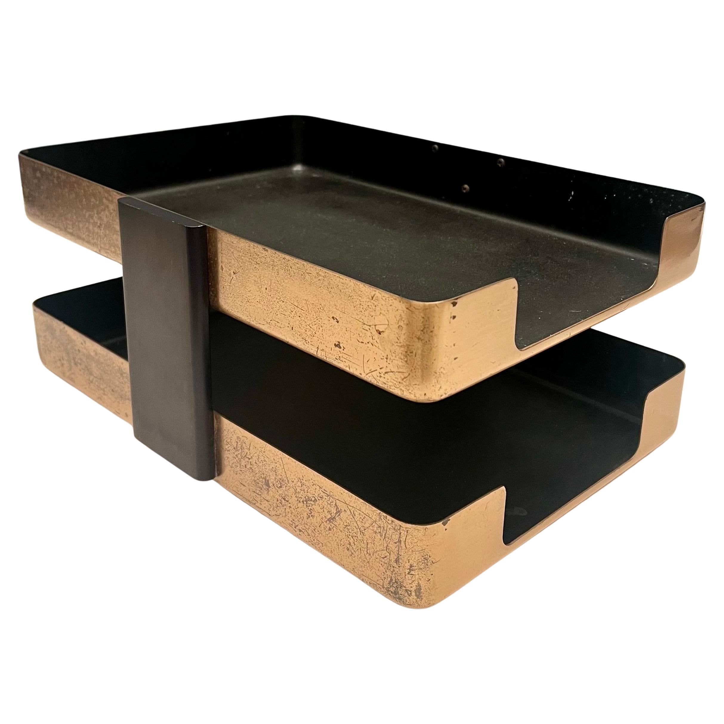 Postmodern Patinated Brass Double Desk Letter Tray Paper Holder