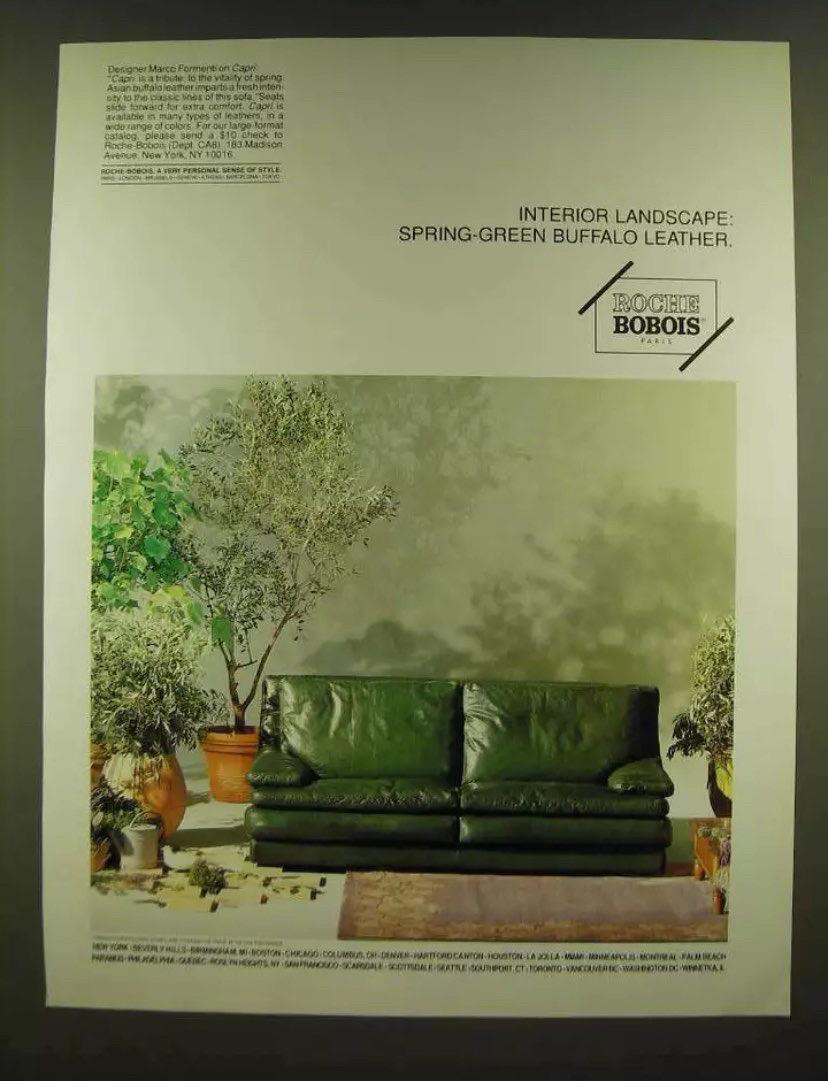 Cuir Canapé postmoderne en cuir de buffle vert patiné de Roche Bobois en vente