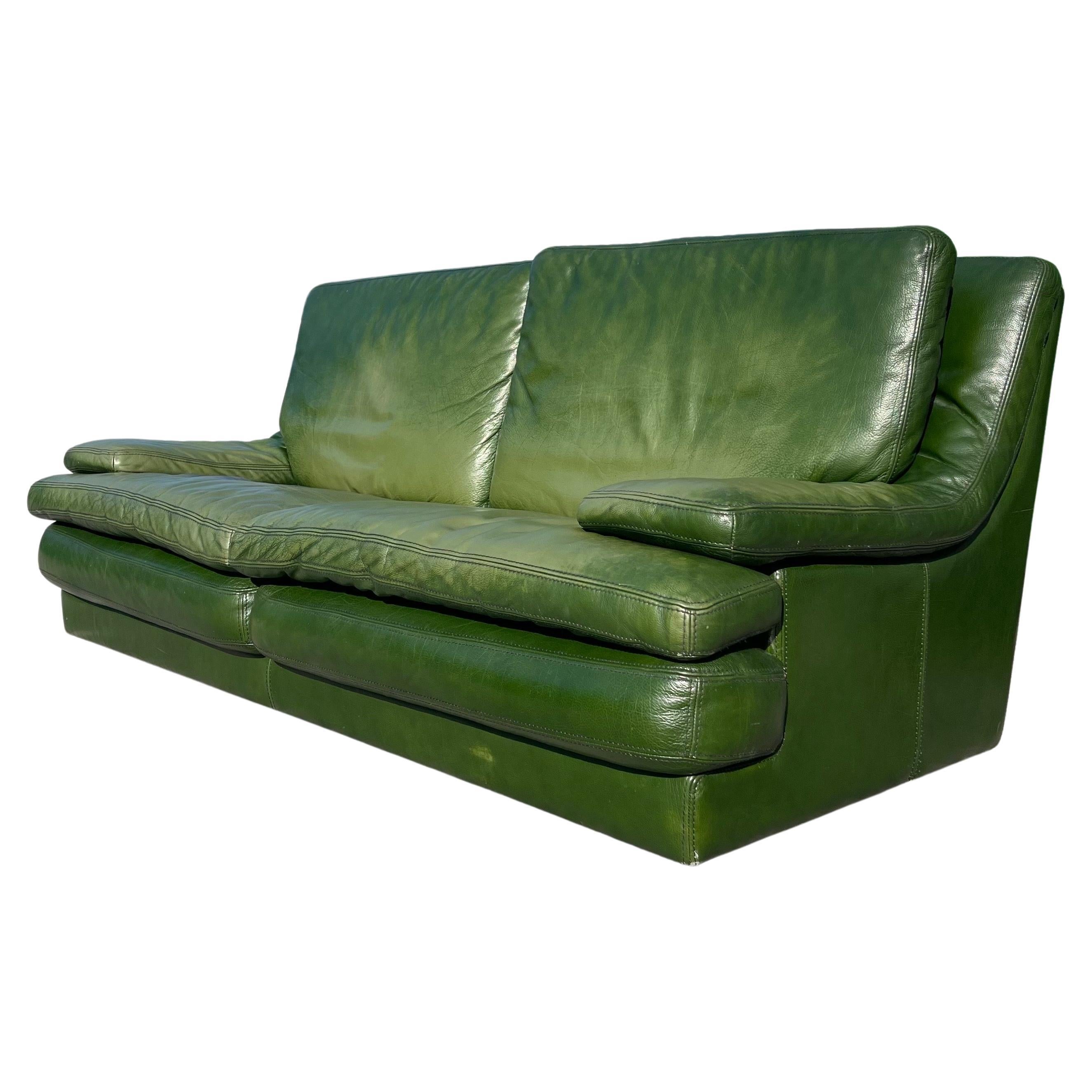 Postmodern Patinated Green Buffalo Leather Sofa by Roche Bobois