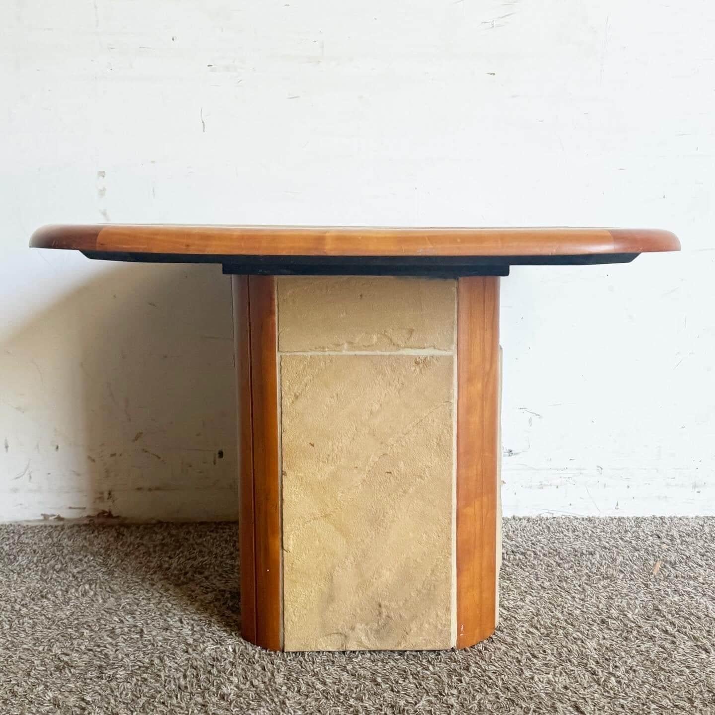 Elevate your space with a Postmodern Slate Side Table inspired by Paul Kingma. Featuring a sculpted tile pattern and sleek design, this side table showcases the beauty of slate craftsmanship. Perfect for adding a touch of sophistication to any decor