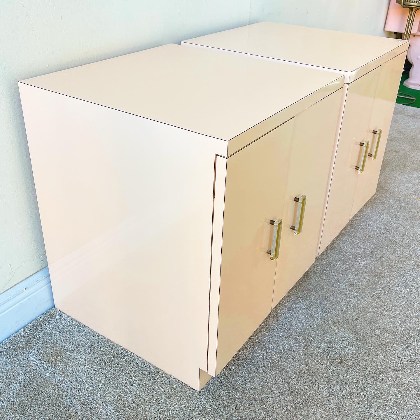 Post-Modern Postmodern Peach Lacquer Laminate Cabinet Nightstands with Gold & Lucite Handles