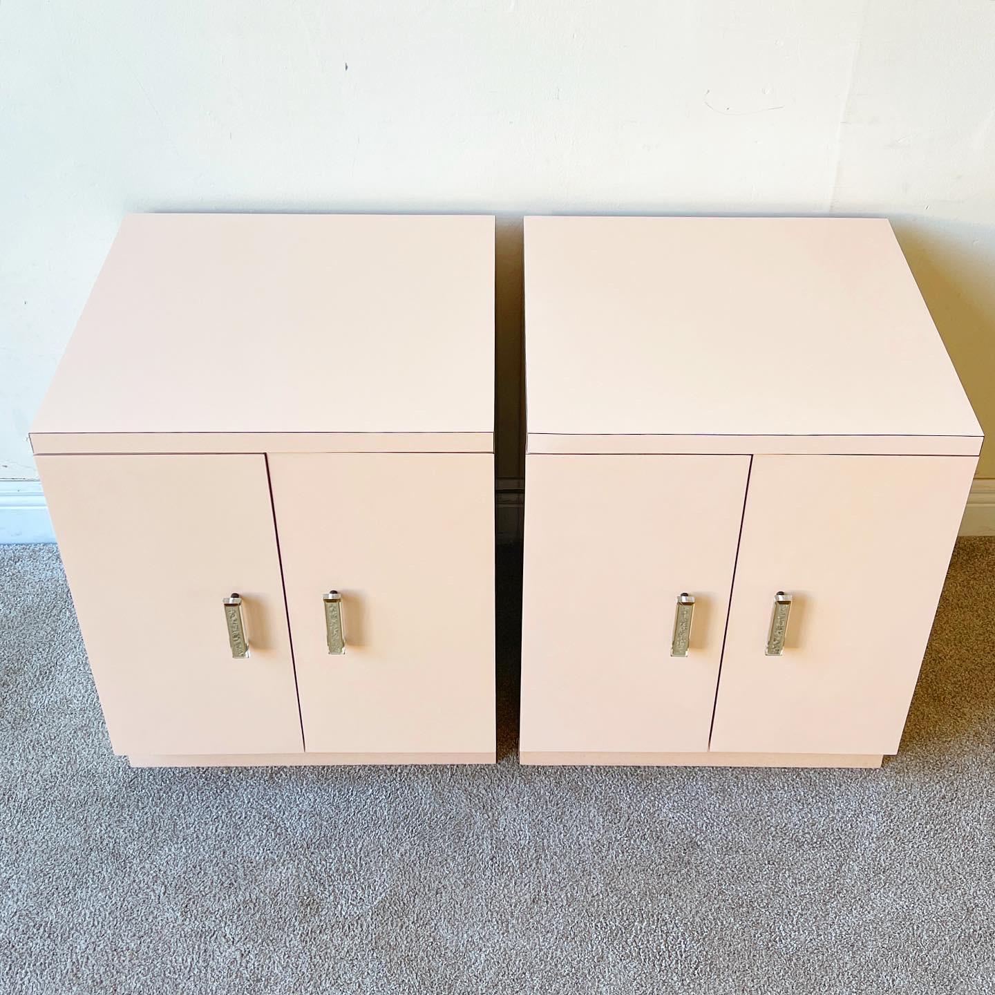 American Postmodern Peach Lacquer Laminate Cabinet Nightstands with Gold & Lucite Handles
