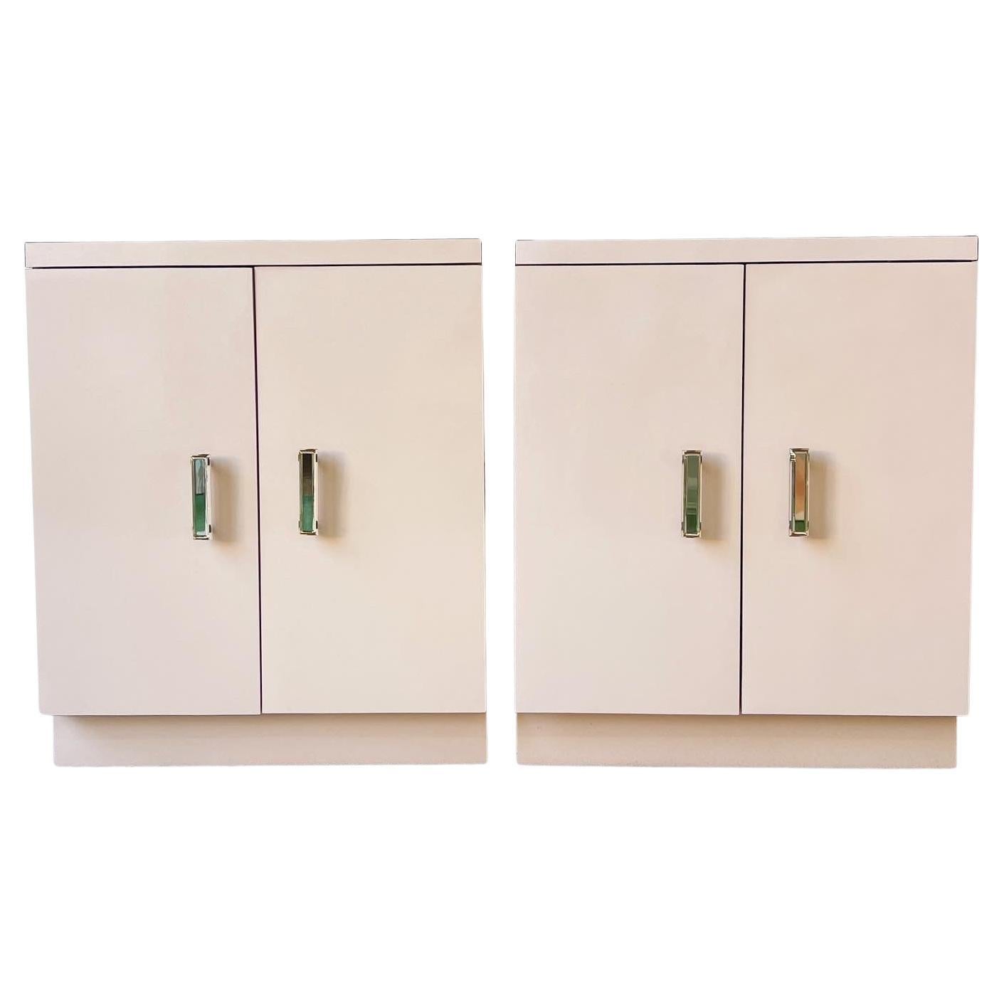 Postmodern Peach Lacquer Laminate Cabinet Nightstands with Gold & Lucite Handles