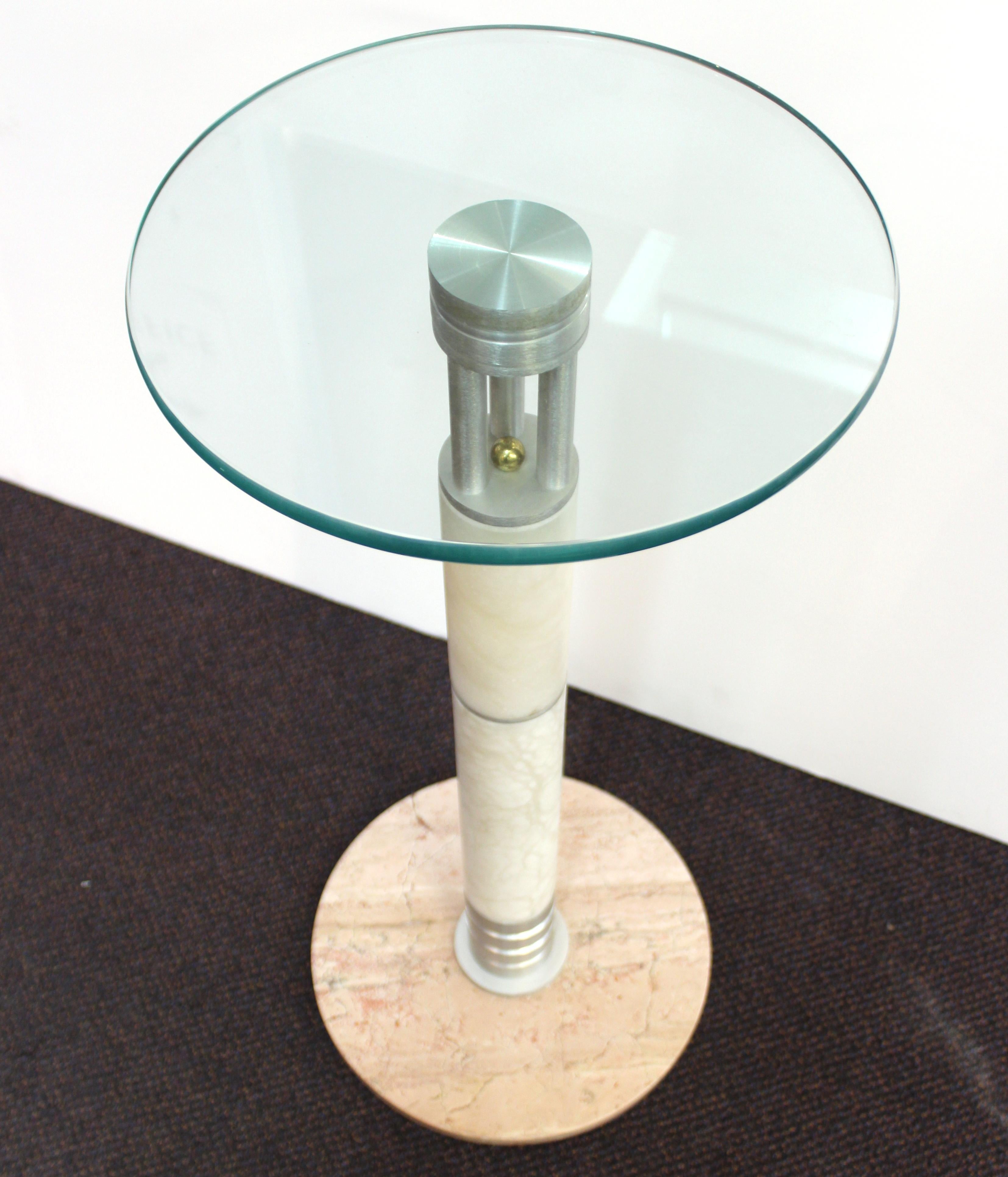 Postmodern Pedestal or Side Table in Metal and Marble with Glass Top 2