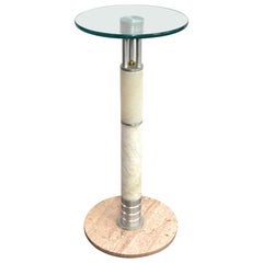 Postmodern Pedestal or Side Table in Metal and Marble with Glass Top