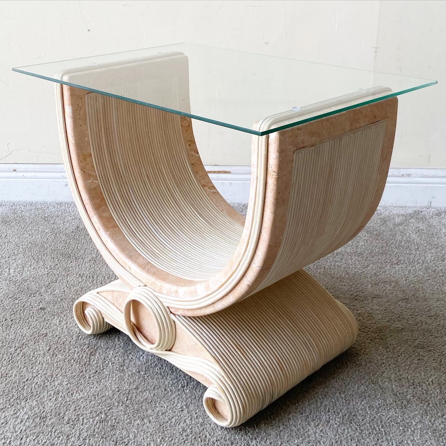 Amazing postmodern glass top side table. The base features a pencil reed with pink tessellated stone.

Additional information:
Materials: Glass, pencil reed, Stone
Color: Beige
Style: Postmodern
Time Period: 1980s
Dimensions: 25