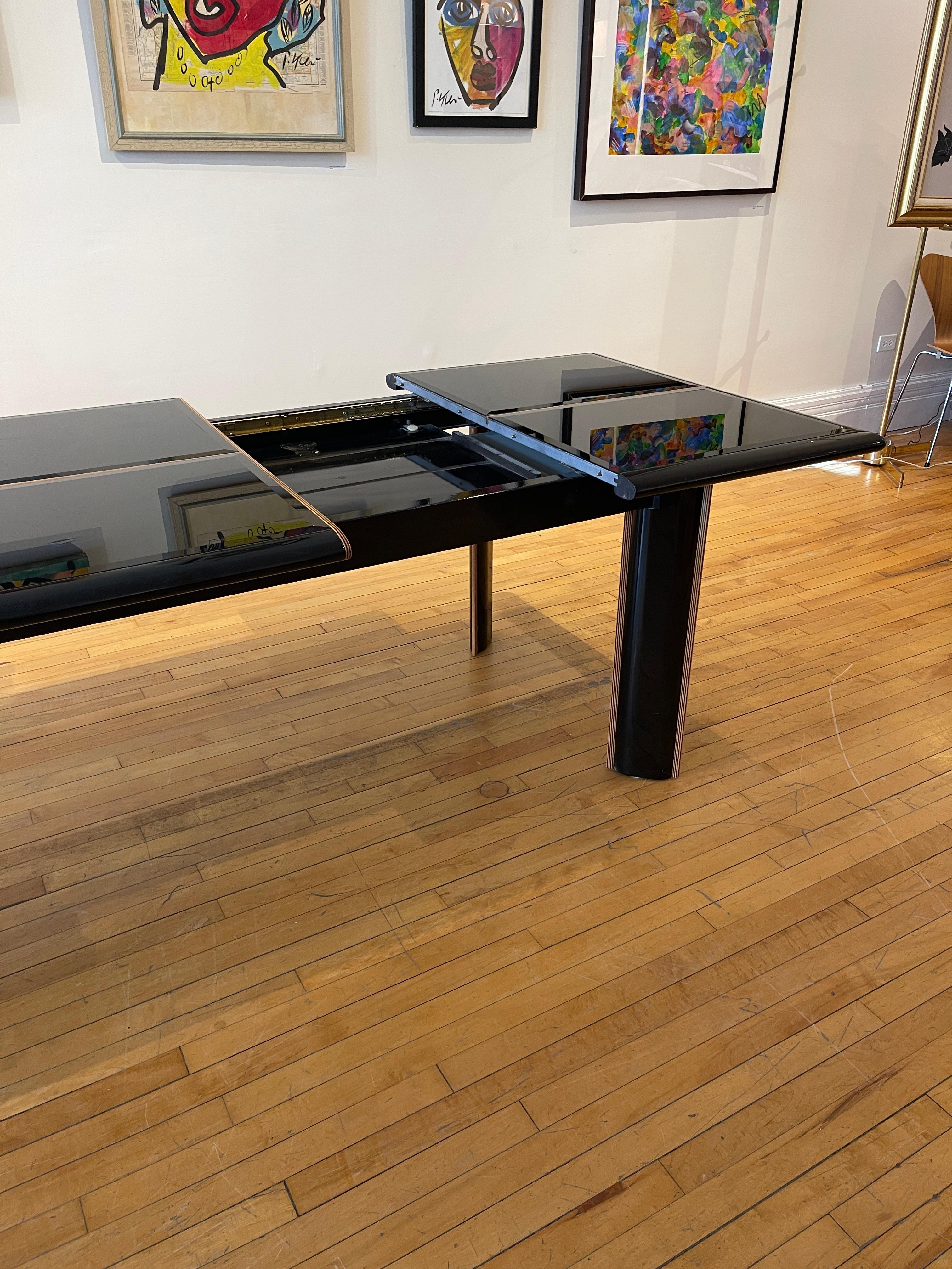 Postmodern Pierre Cardin Black Lacquer Extension Table W Beveled Glass Detail 5