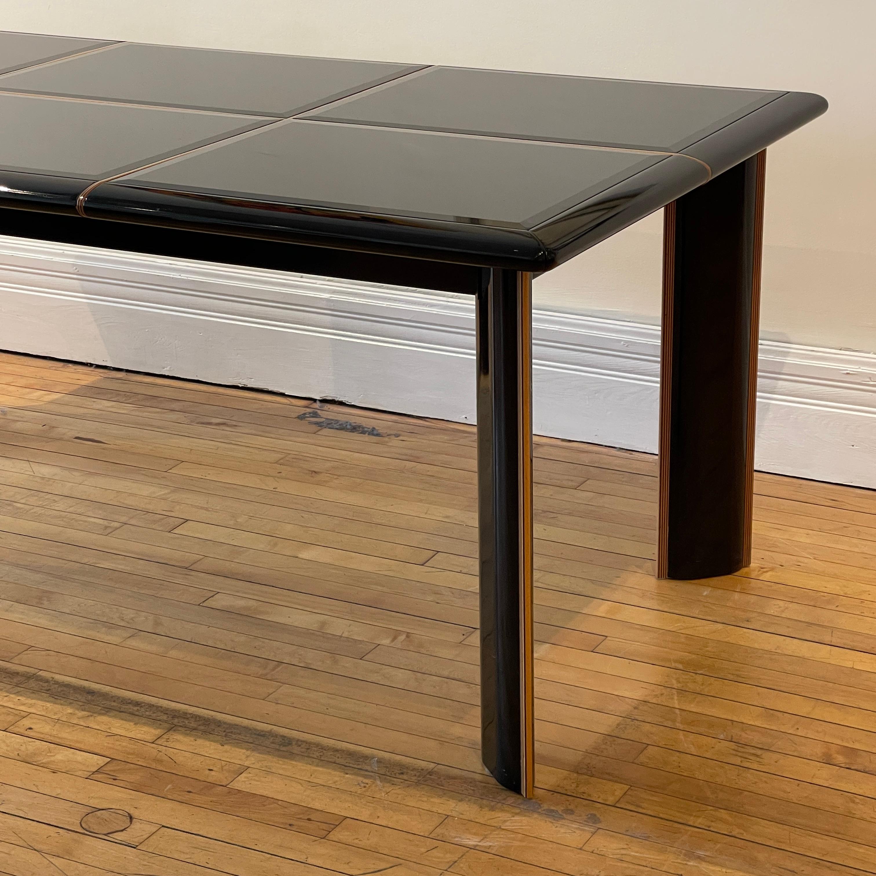 Italian Postmodern Pierre Cardin Black Lacquer Extension Table W Beveled Glass Detail