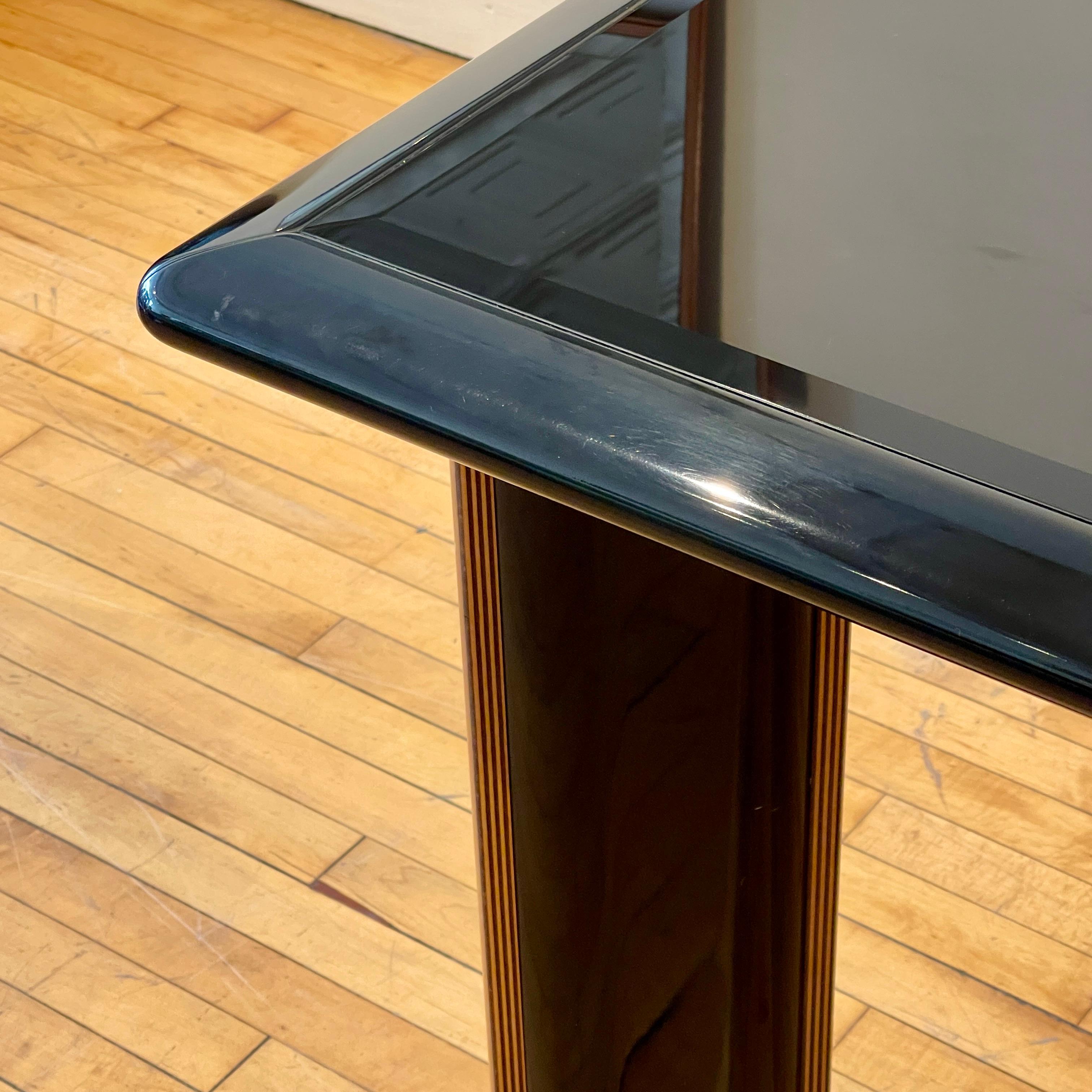 Postmodern Pierre Cardin Black Lacquer Extension Table W Beveled Glass Detail In Good Condition In Hudson, NY