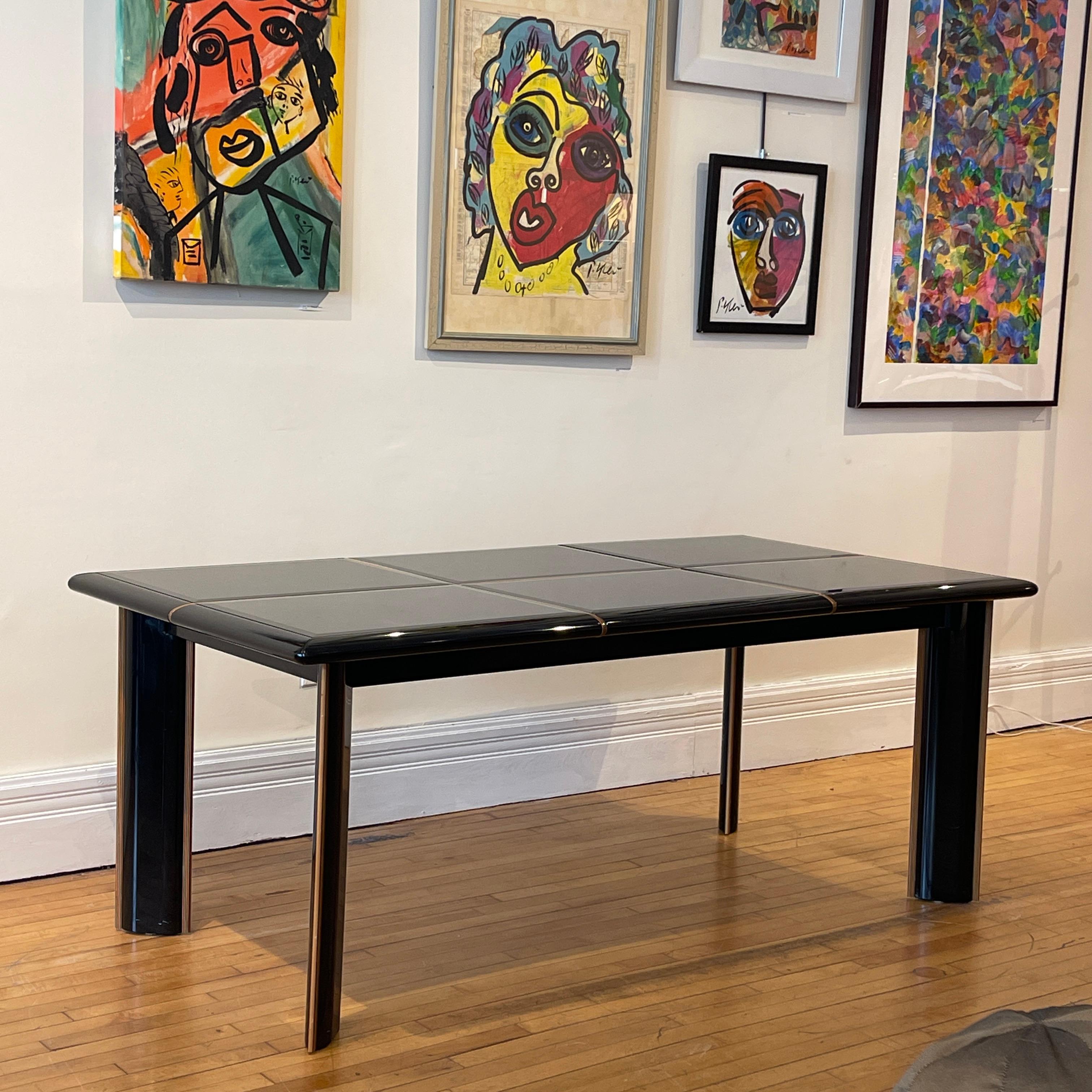Postmodern Pierre Cardin Black Lacquer Extension Table W Beveled Glass Detail 3
