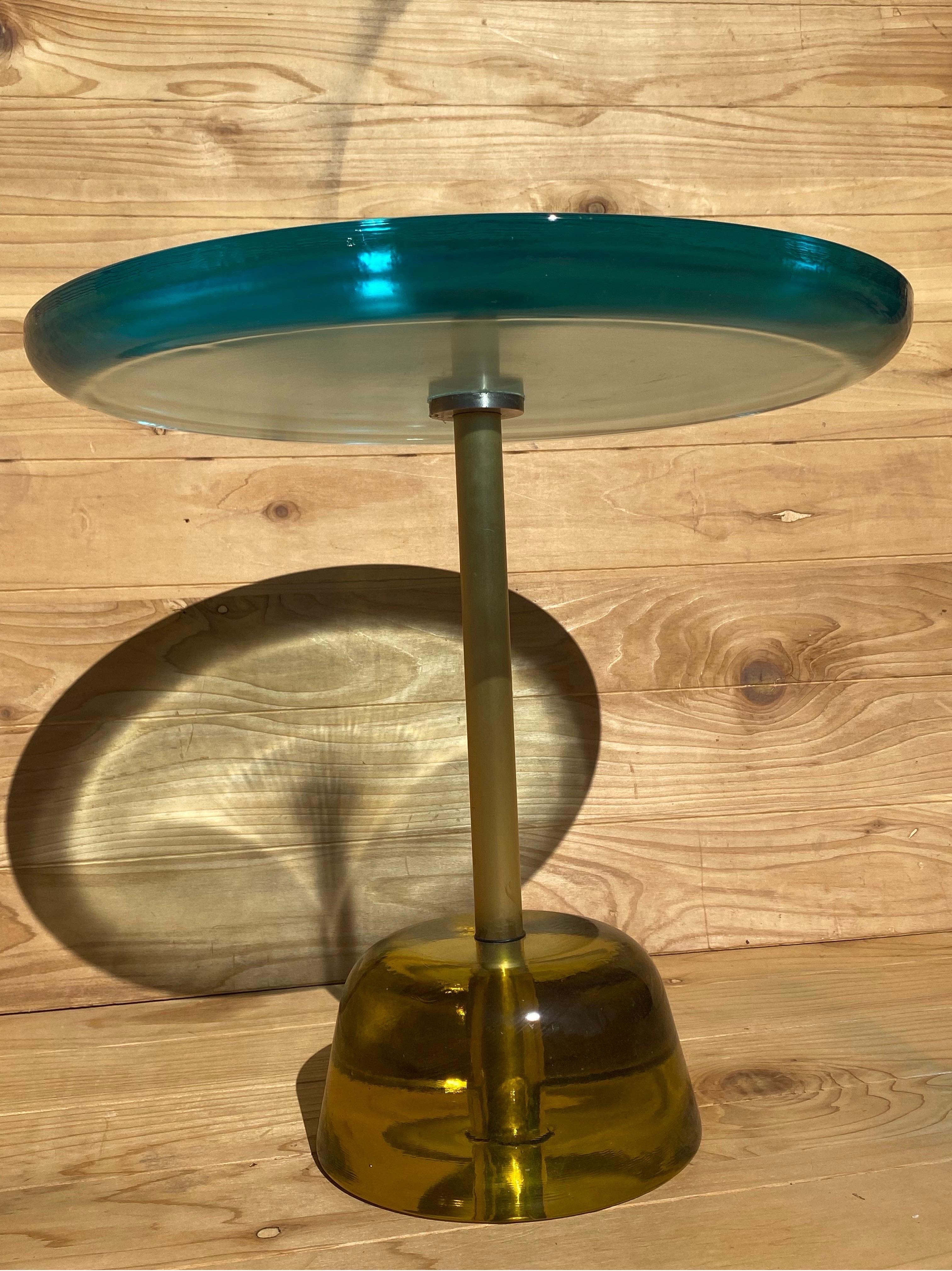Postmodern Pina Low Aqua Blue Brass Side Table Styled After Pulpo In Good Condition In Chicago, IL