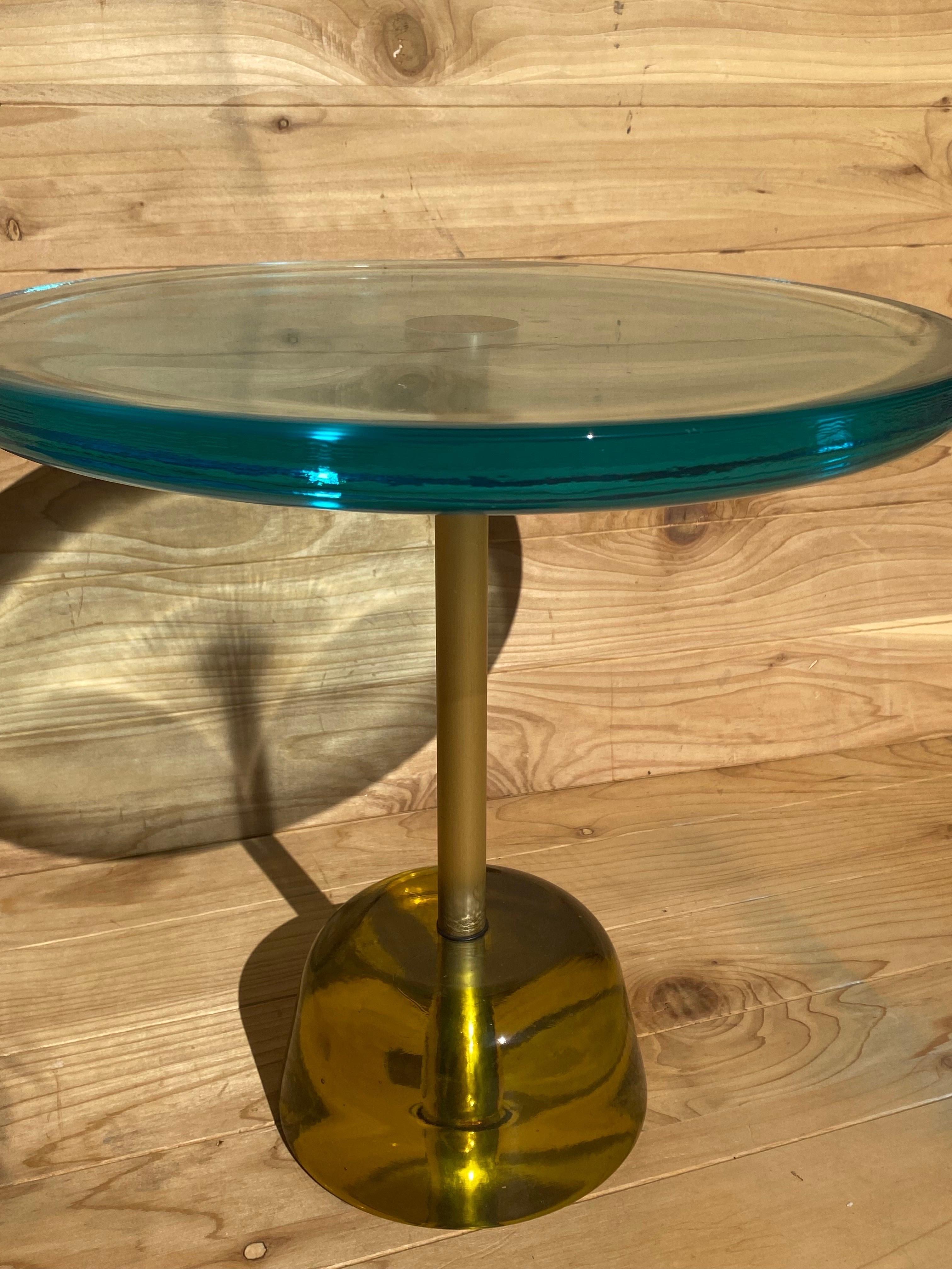 Contemporary Postmodern Pina Low Aqua Blue Brass Side Table Styled After Pulpo