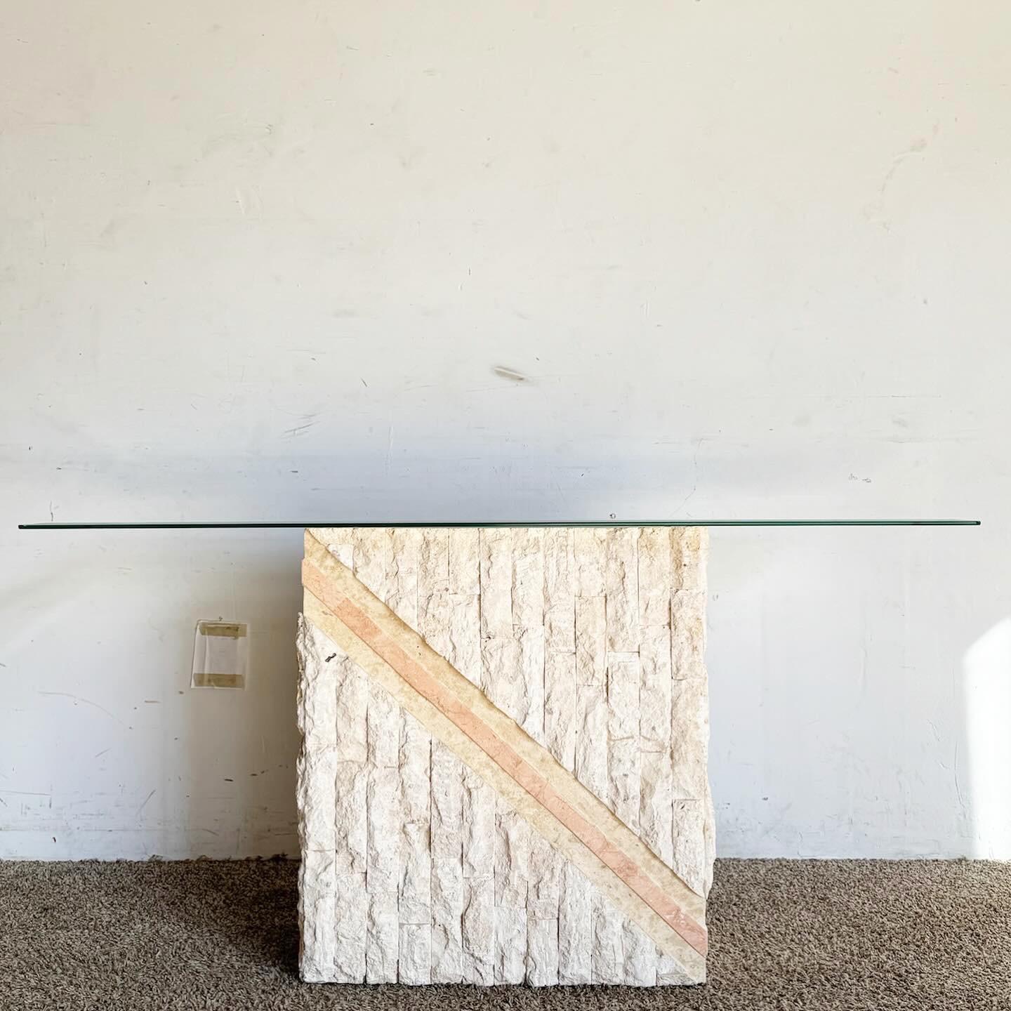 20th Century Postmodern Pink and Beige Tessellated Stone Glass Top Console Table For Sale