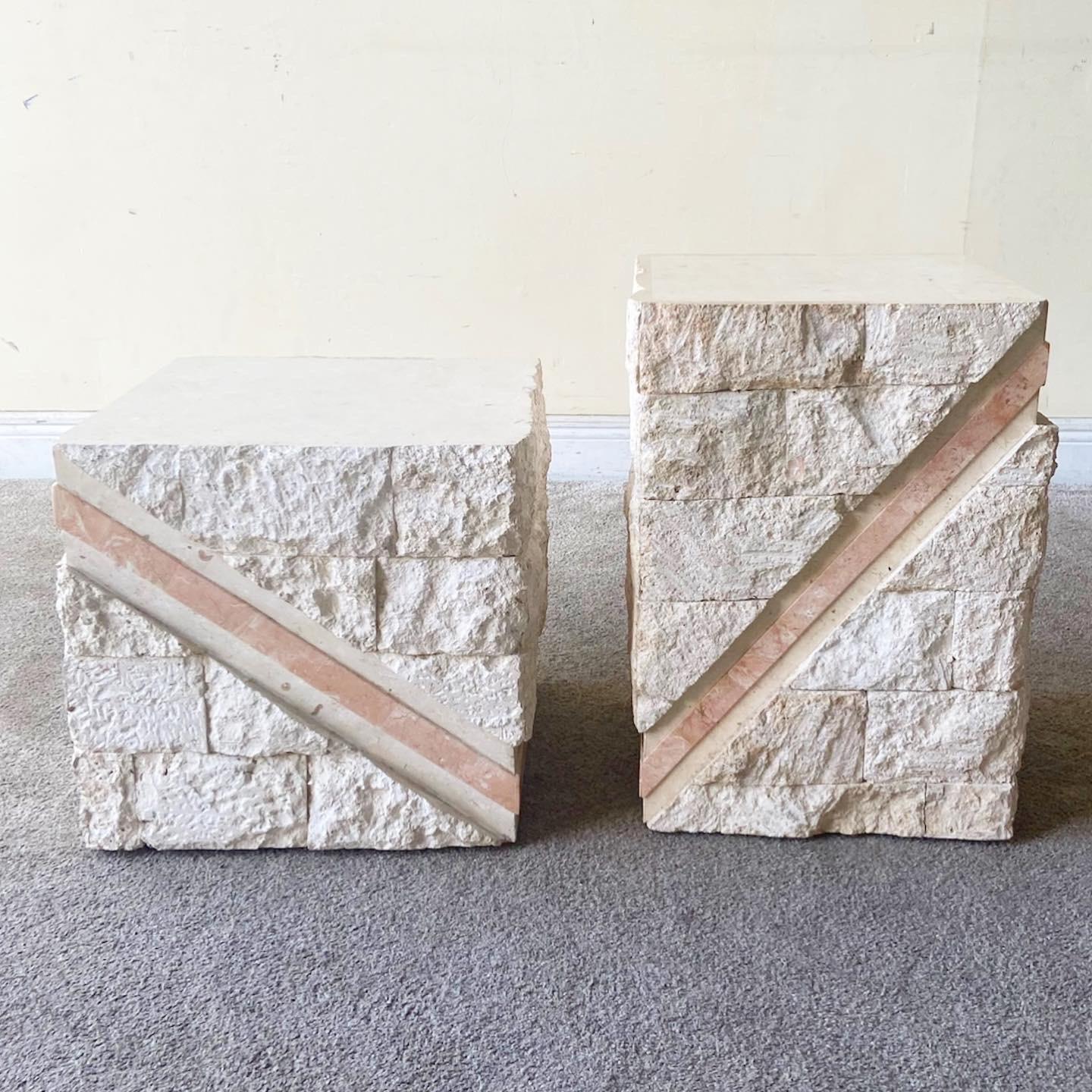 Post-Modern Postmodern Pink and Beige Tessellated Stone Side Tables, a Pair