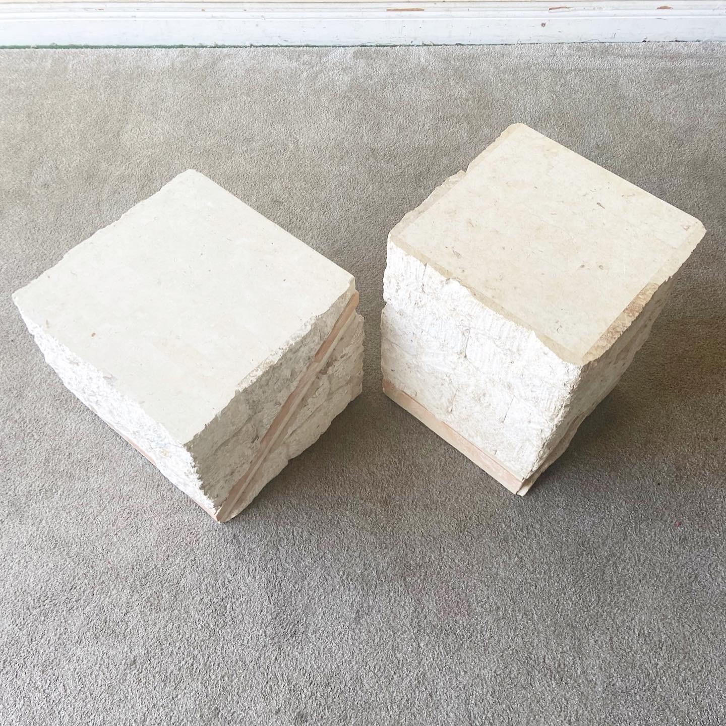 Philippine Postmodern Pink and Beige Tessellated Stone Side Tables, a Pair