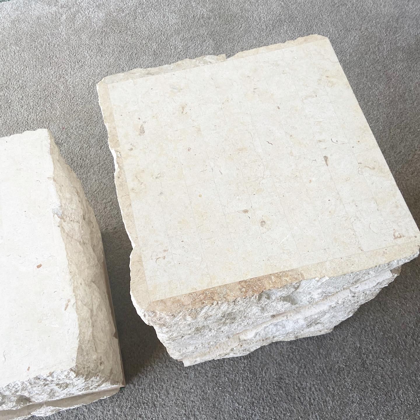 Postmodern Pink and Beige Tessellated Stone Side Tables, a Pair In Good Condition In Delray Beach, FL