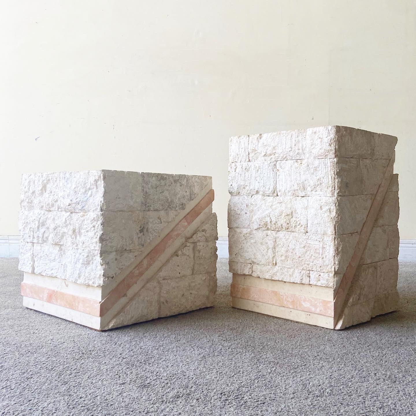 Late 20th Century Postmodern Pink and Beige Tessellated Stone Side Tables, a Pair