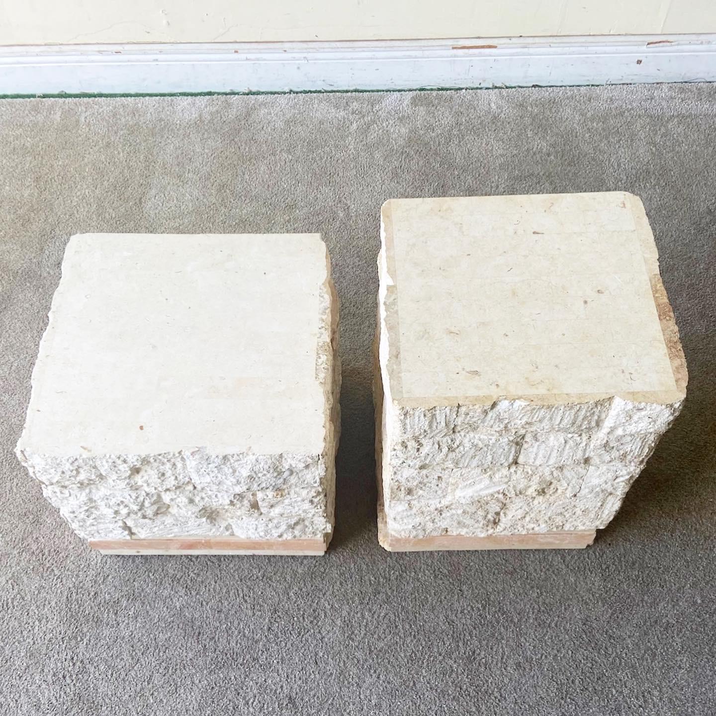 Postmodern Pink and Beige Tessellated Stone Side Tables, a Pair 1