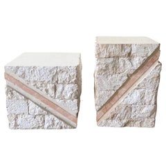 Postmodern Pink and Beige Tessellated Stone Side Tables, a Pair