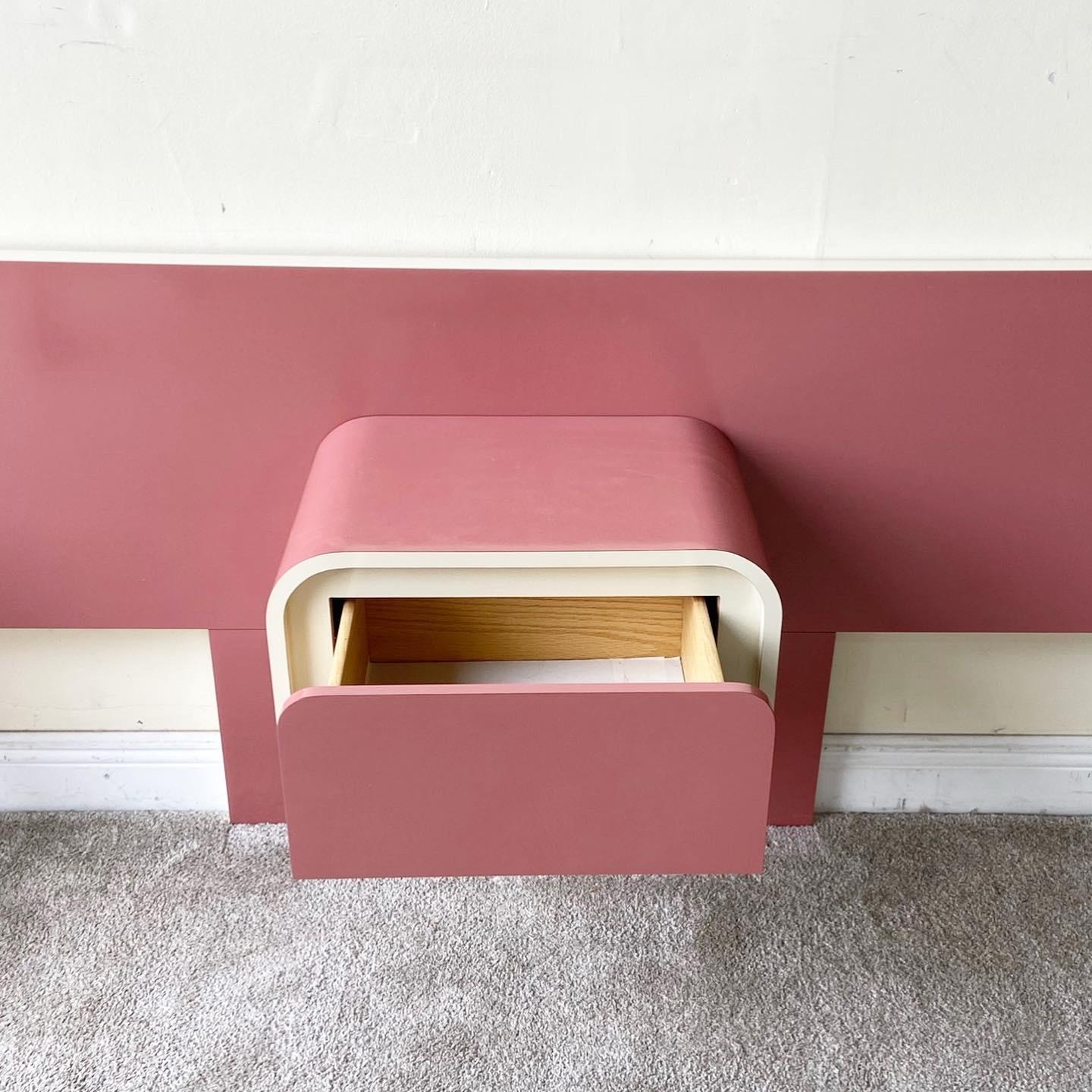 Postmodern Pink and Cream Lacquer Laminate Headboard With Floating Nightstand In Good Condition For Sale In Delray Beach, FL