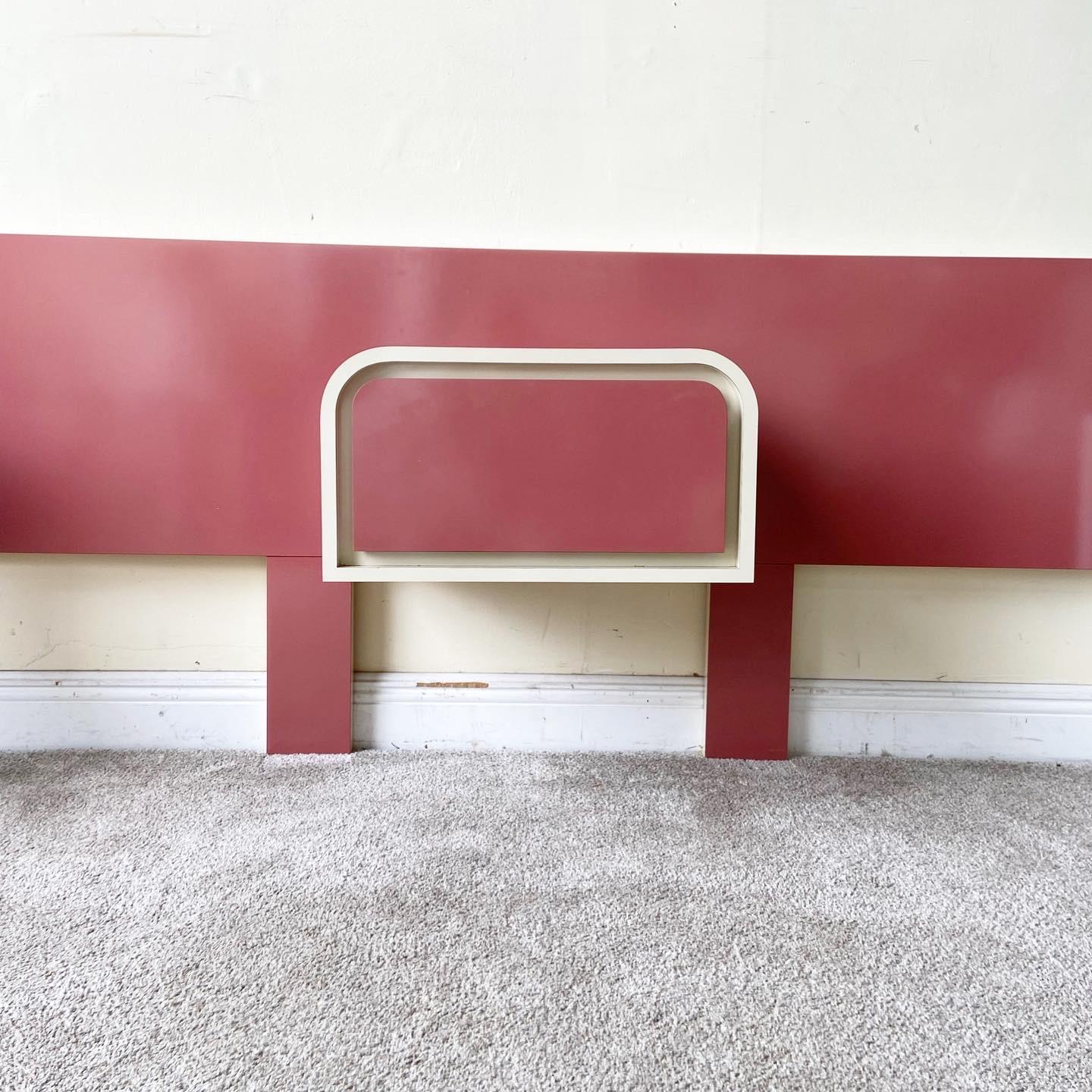 Late 20th Century Postmodern Pink and Cream Lacquer Laminate Headboard With Floating Nightstand For Sale