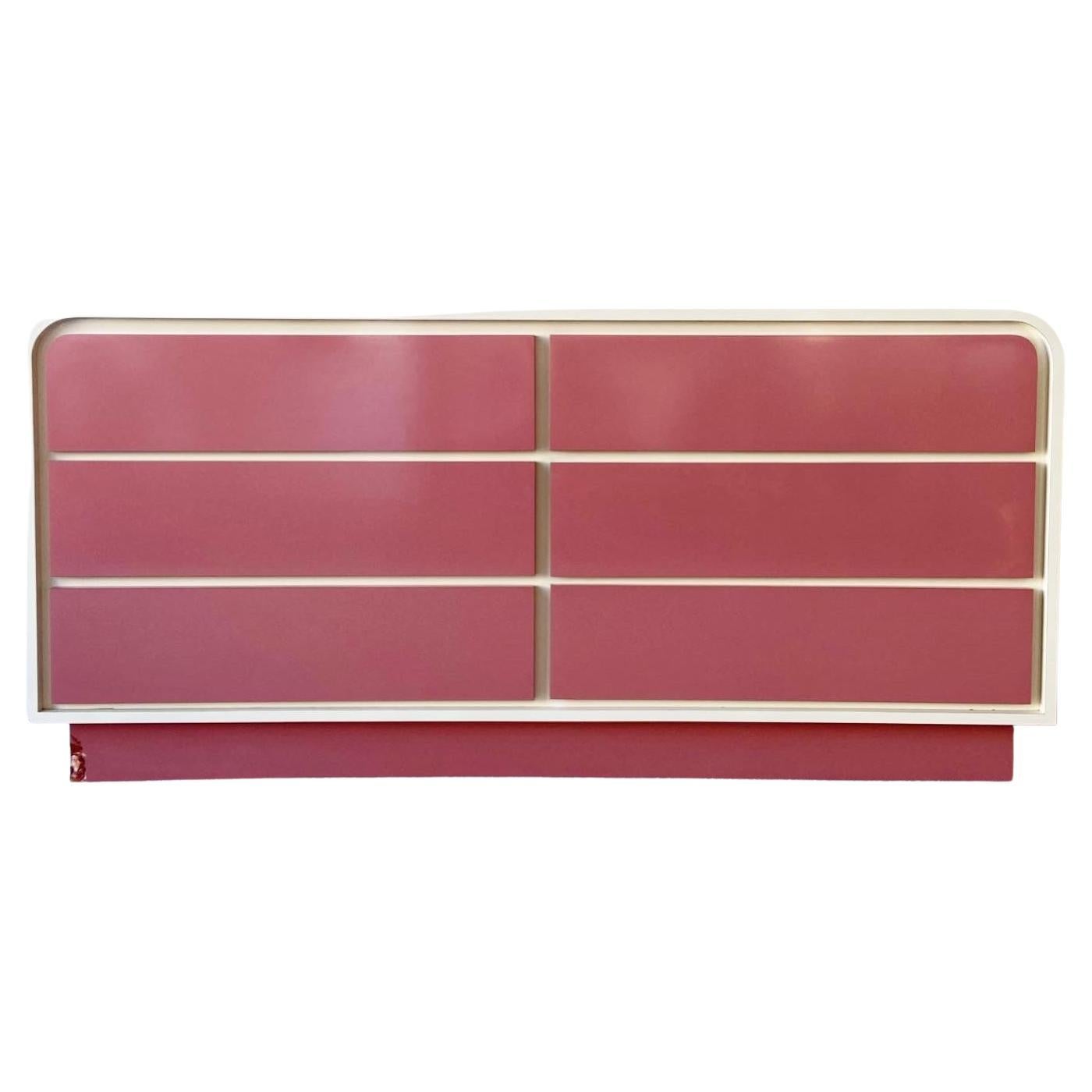 1980s Postmodern Pink Lacquer Laminate Waterfall Dresser, 9 Drawers For