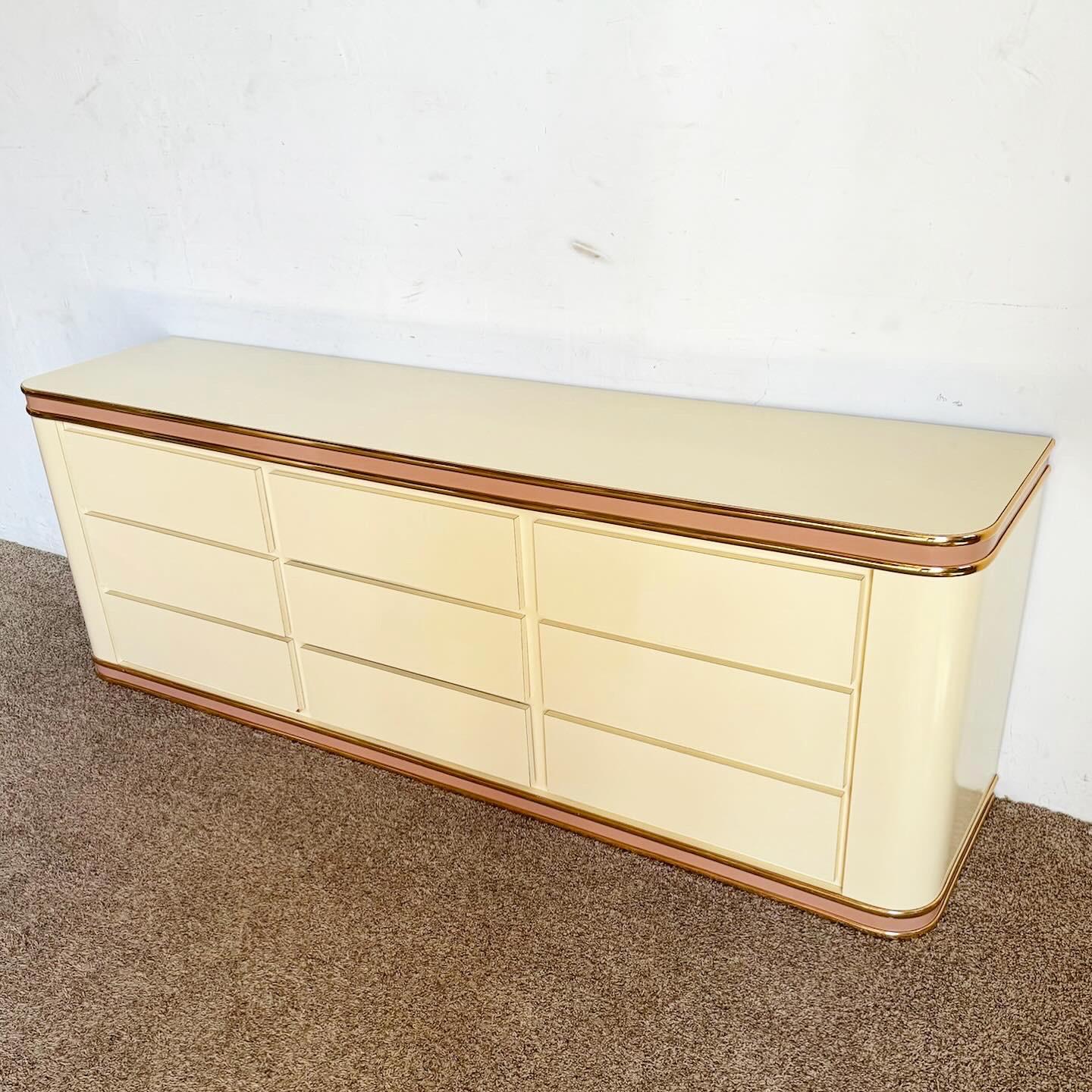 Postmodern Pink and Cream Lacquer Laminate With Gold Accent Dresser In Good Condition For Sale In Delray Beach, FL