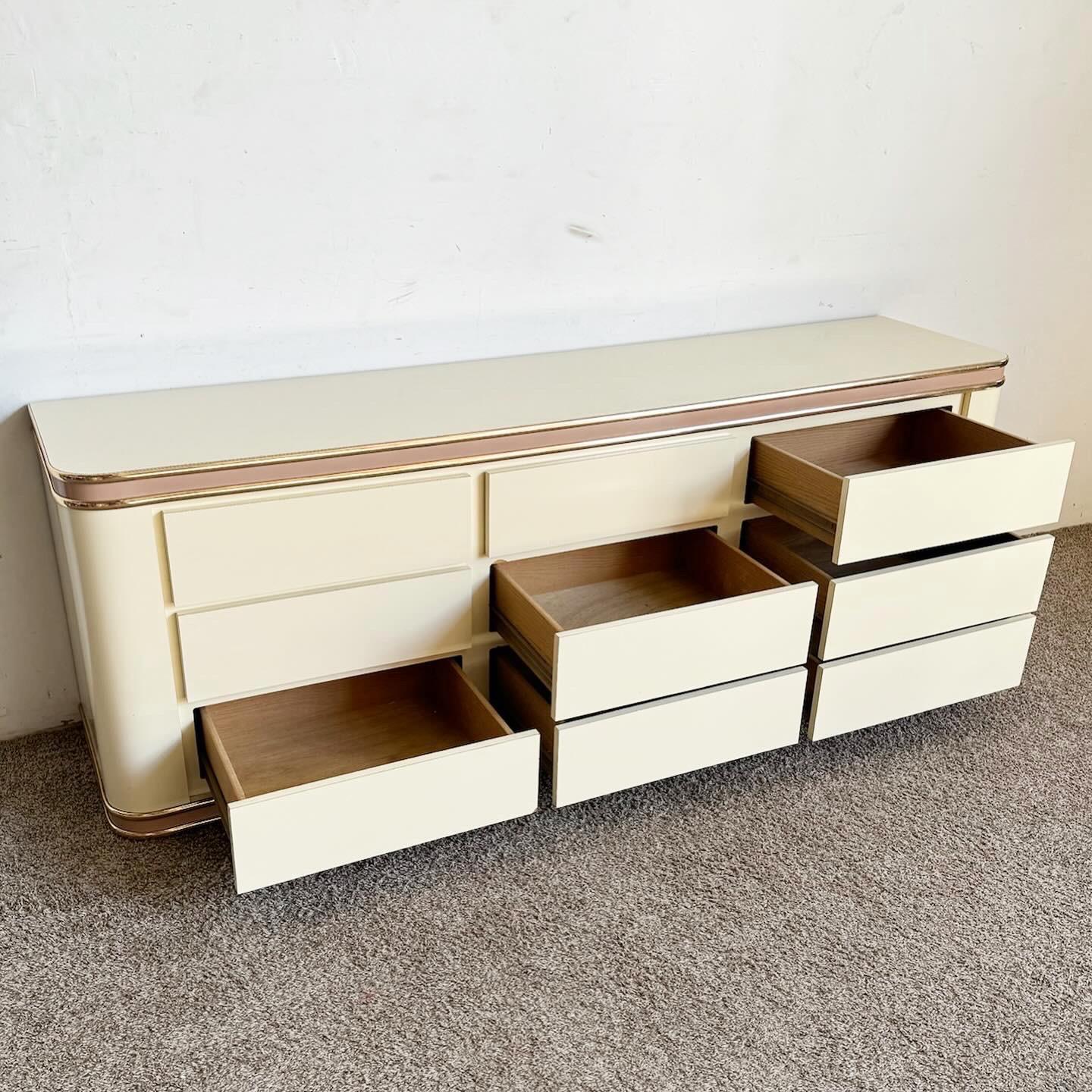 20th Century Postmodern Pink and Cream Lacquer Laminate With Gold Accent Dresser For Sale