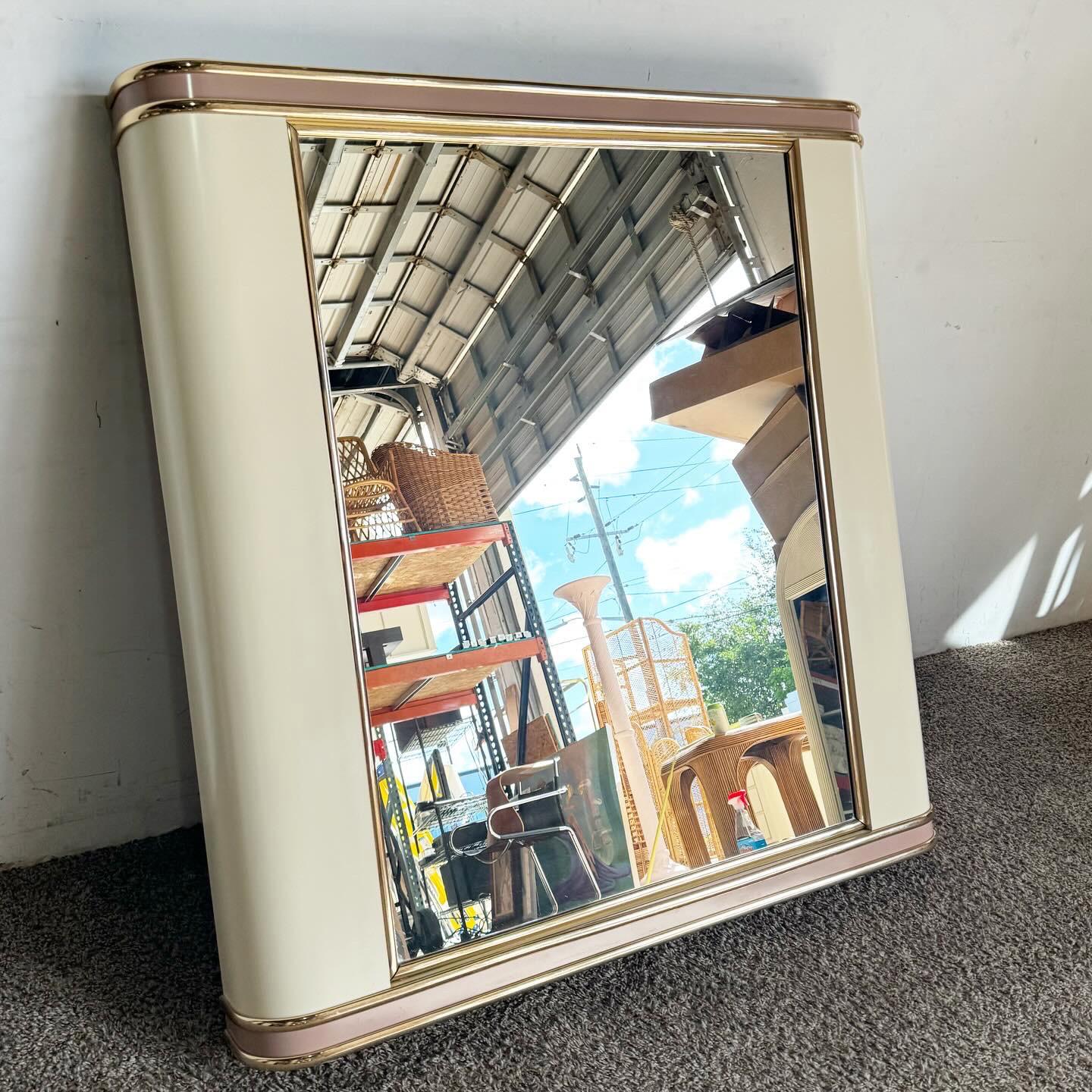 Post-Modern Postmodern Pink and Cream Lacquer Laminate With Gold Trim Mirror For Sale