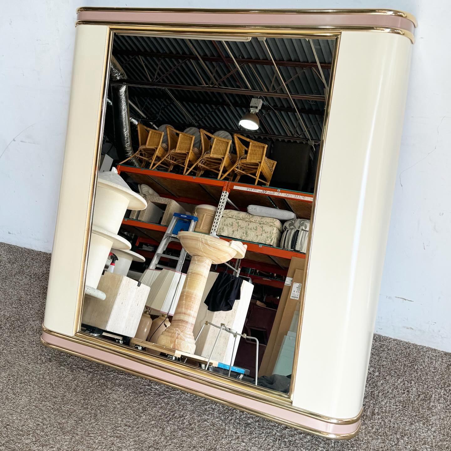 American Postmodern Pink and Cream Lacquer Laminate With Gold Trim Mirror For Sale