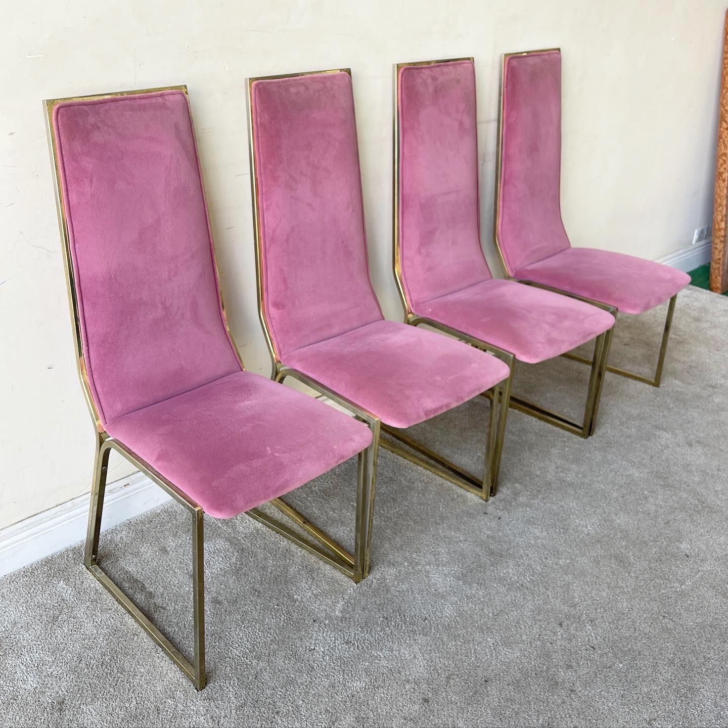 Amazing set of 4 vintage postmodern dining chairs. Each feature a pink velvet fabric back rest and seat. The frame is a gold finished metal.

Additional information:
Materials: Fabric, Velvet
Color: Pink
Style: Postmodern
Time Period: