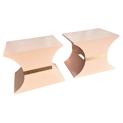 Postmodern Pink and Gold Grass Cloth Side Tables - A Pair