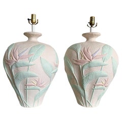 Postmodern Pink and Green Etched Lily Three Way Table Lamps - a Pair