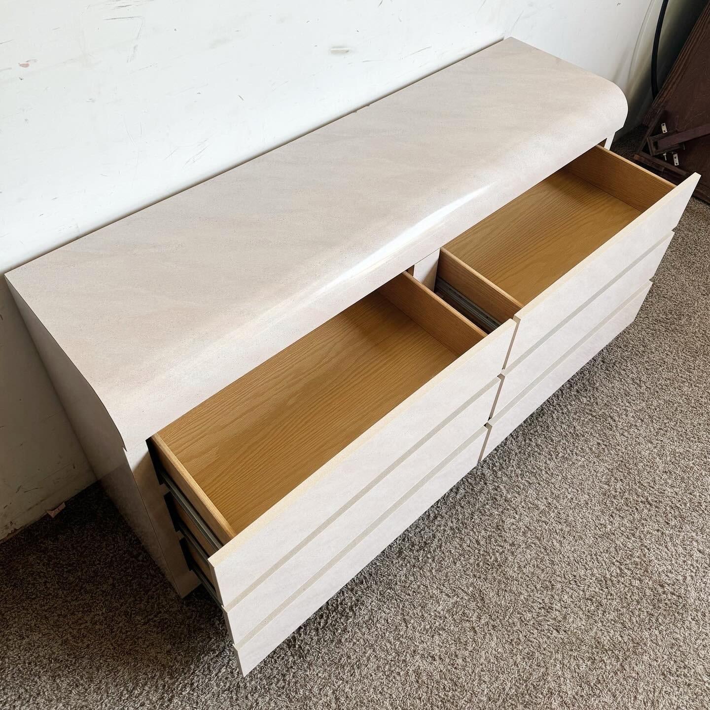Postmodern Pink and Lavender Airbrush Laminate Waterfall Dresser - 6 Drawers In Good Condition In Delray Beach, FL