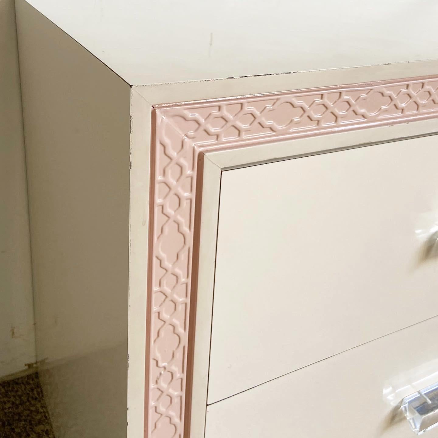 American Postmodern Pink and White Nightstands With Lucite Handles - a Pair For Sale